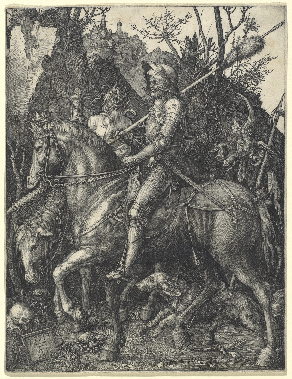 Albrecht Dürer's engraving 'Knight, Death and the Devil' (1513) depicts an armored knight on horseback, accompanied by Death and a devil, symbolizing the struggle against worldly temptations and the pursuit of virtue.