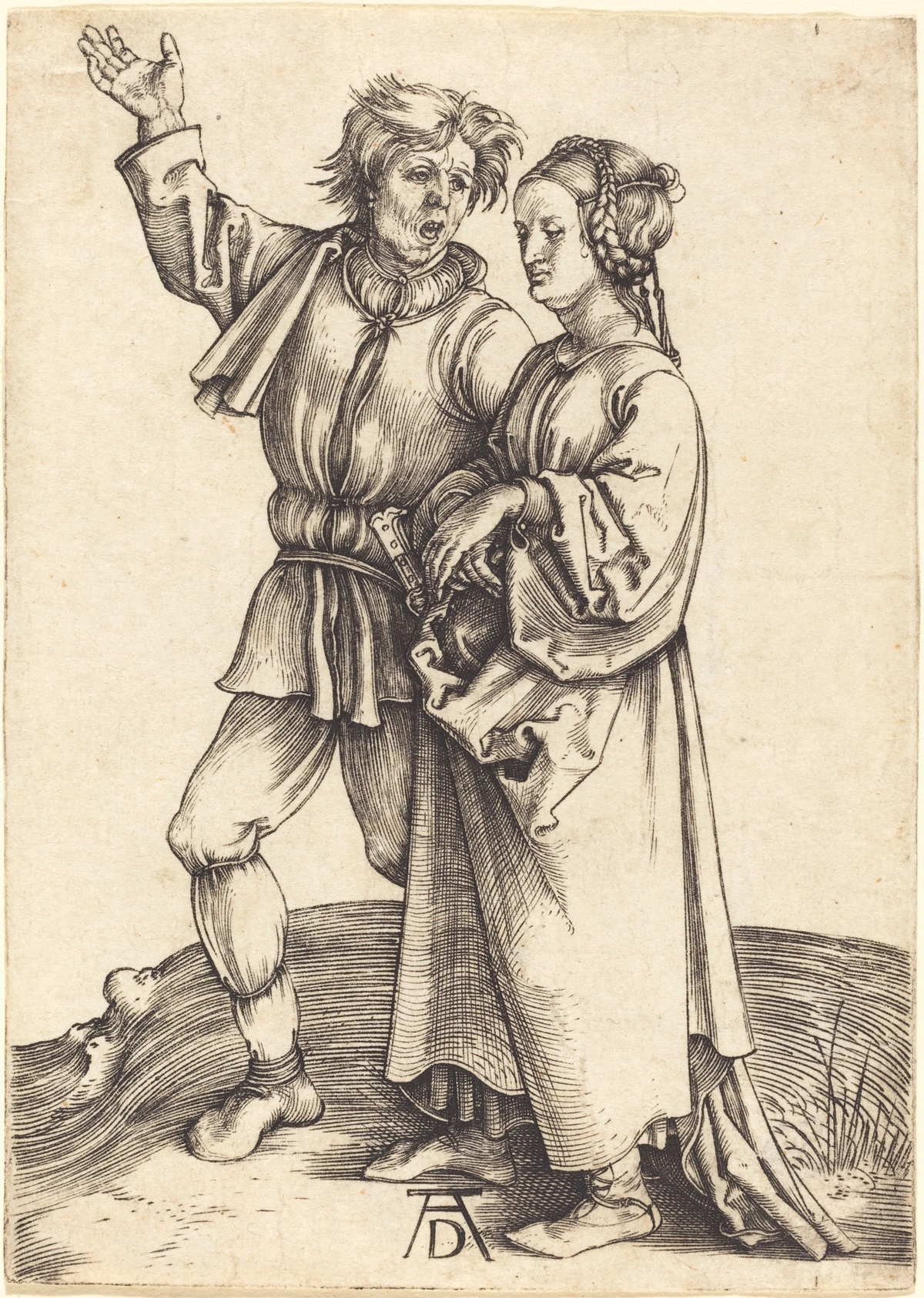 Albrecht Dürer's engraving 'Peasant and His Wife' (c. 1497-1498) depicts a gesturing peasant man and a woman, showcasing Northern Renaissance genre art.