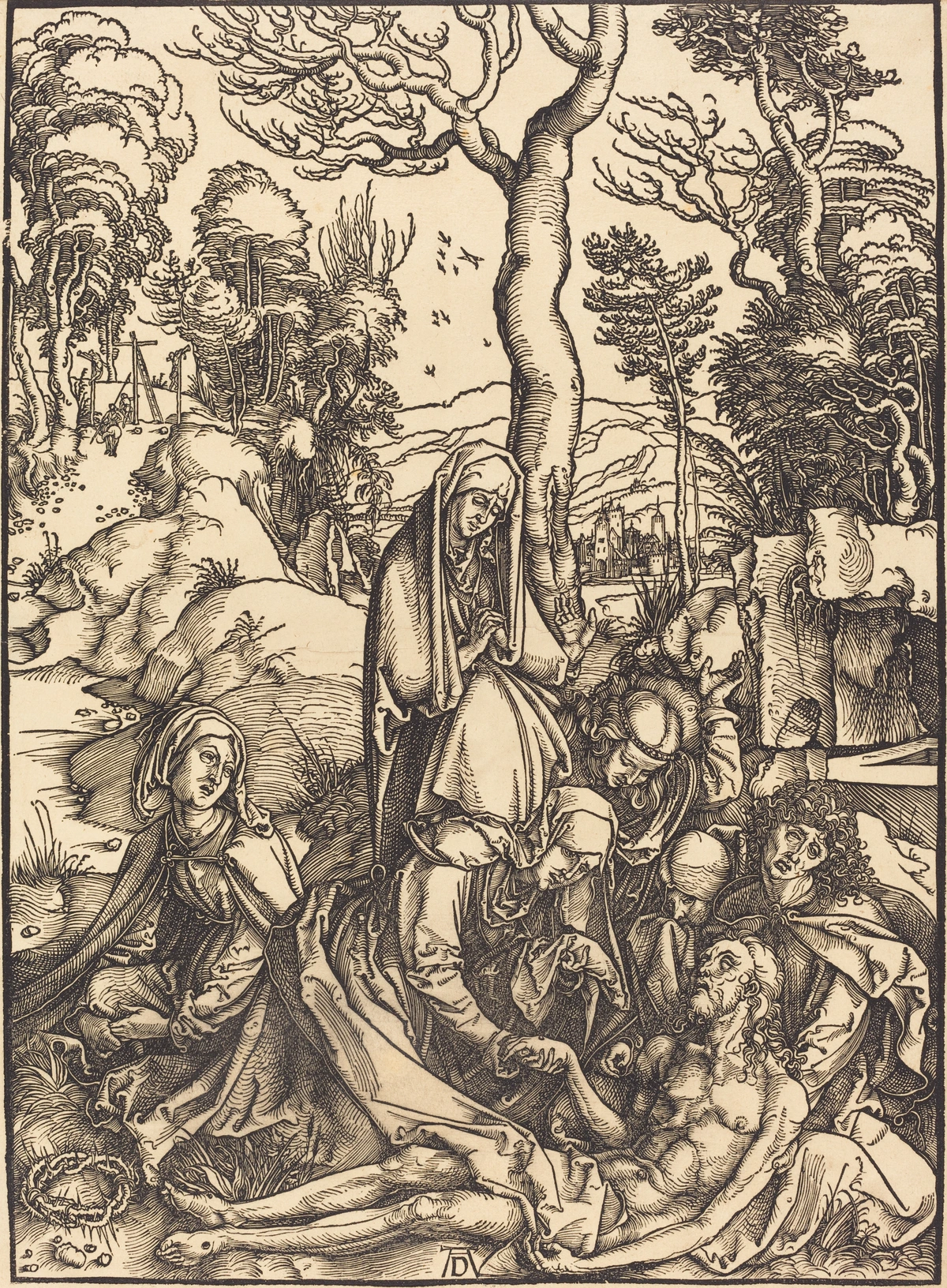 Albrecht Dürer's woodcut 'The Lamentation' depicts the Virgin Mary and other mourners grieving over the body of Christ after the crucifixion, with a landscape and cityscape in the background.
