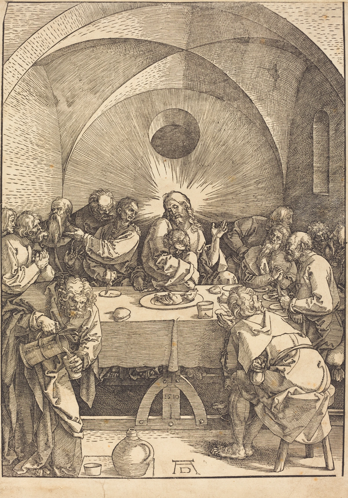 Albrecht Dürer's 1510 engraving 'The Last Supper', depicting Jesus and his disciples at a table, with divine light emanating from Jesus.