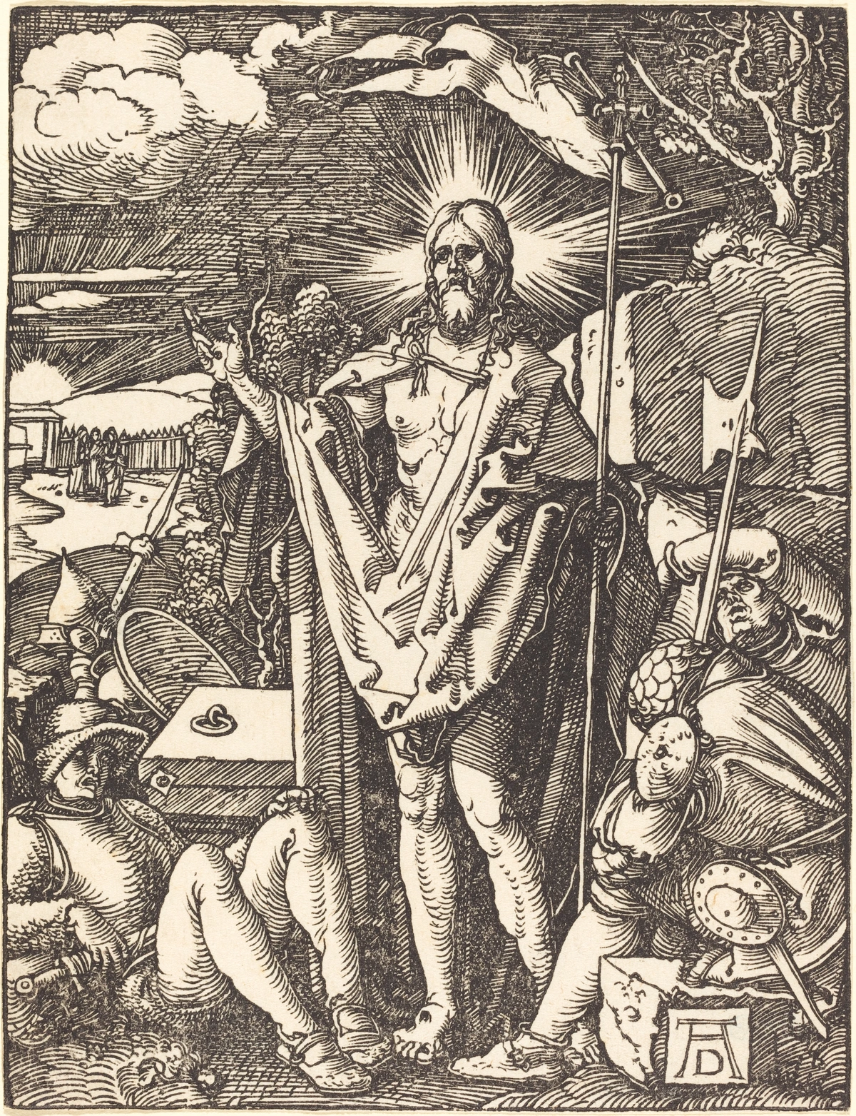 Albrecht Dürer's woodcut 'The Resurrection', depicting Christ emerging triumphantly from his tomb, surrounded by radiant light and Roman soldiers, with onlookers in the background.