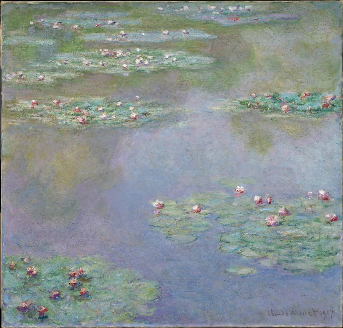 Claude Monet's Water Lilies painting from 1907, showcasing pink and white water lilies floating on a pond with reflections of the sky and surrounding greenery.