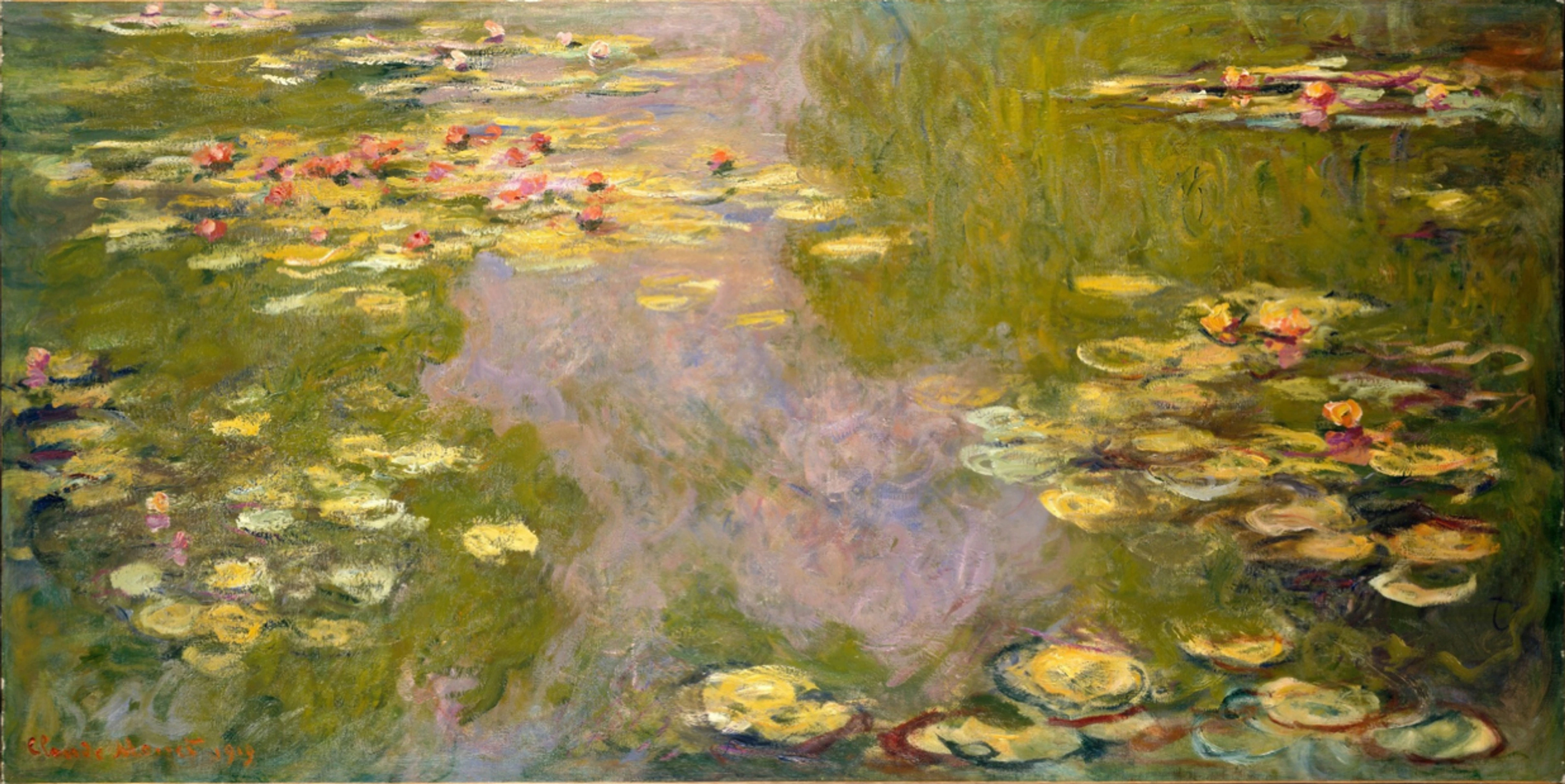 Claude Monet's Water Lilies painting, featuring vibrant pink and yellow water lilies floating on a pond with reflections of greenery.