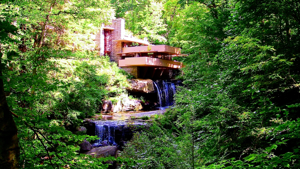 Frank Lloyd Wright's Fallingwater house built over a waterfall in Pennsylvania