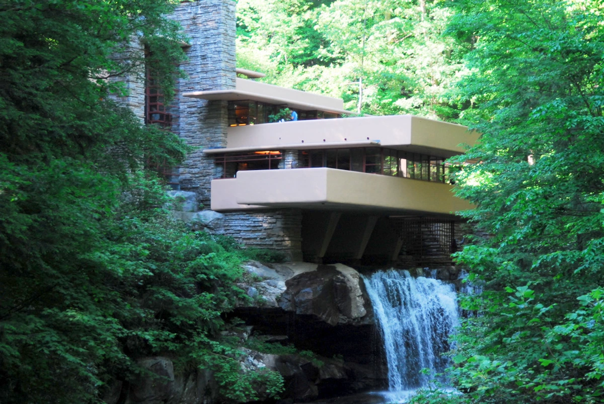 Fallingwater, the iconic house designed by Frank Lloyd Wright, built over a waterfall in rural Pennsylvania.