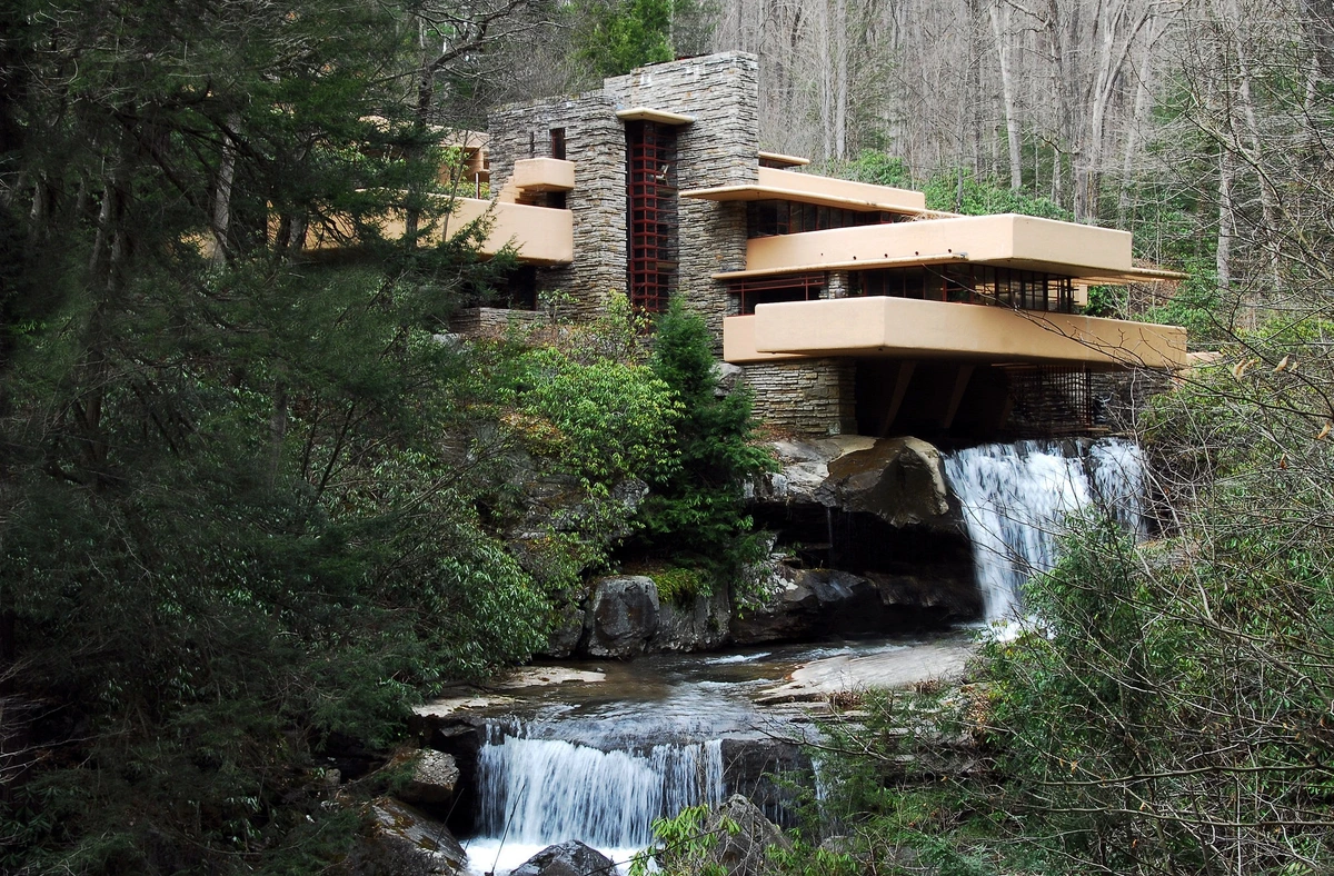 Fallingwater, the iconic house designed by Frank Lloyd Wright, built over a waterfall in Pennsylvania.