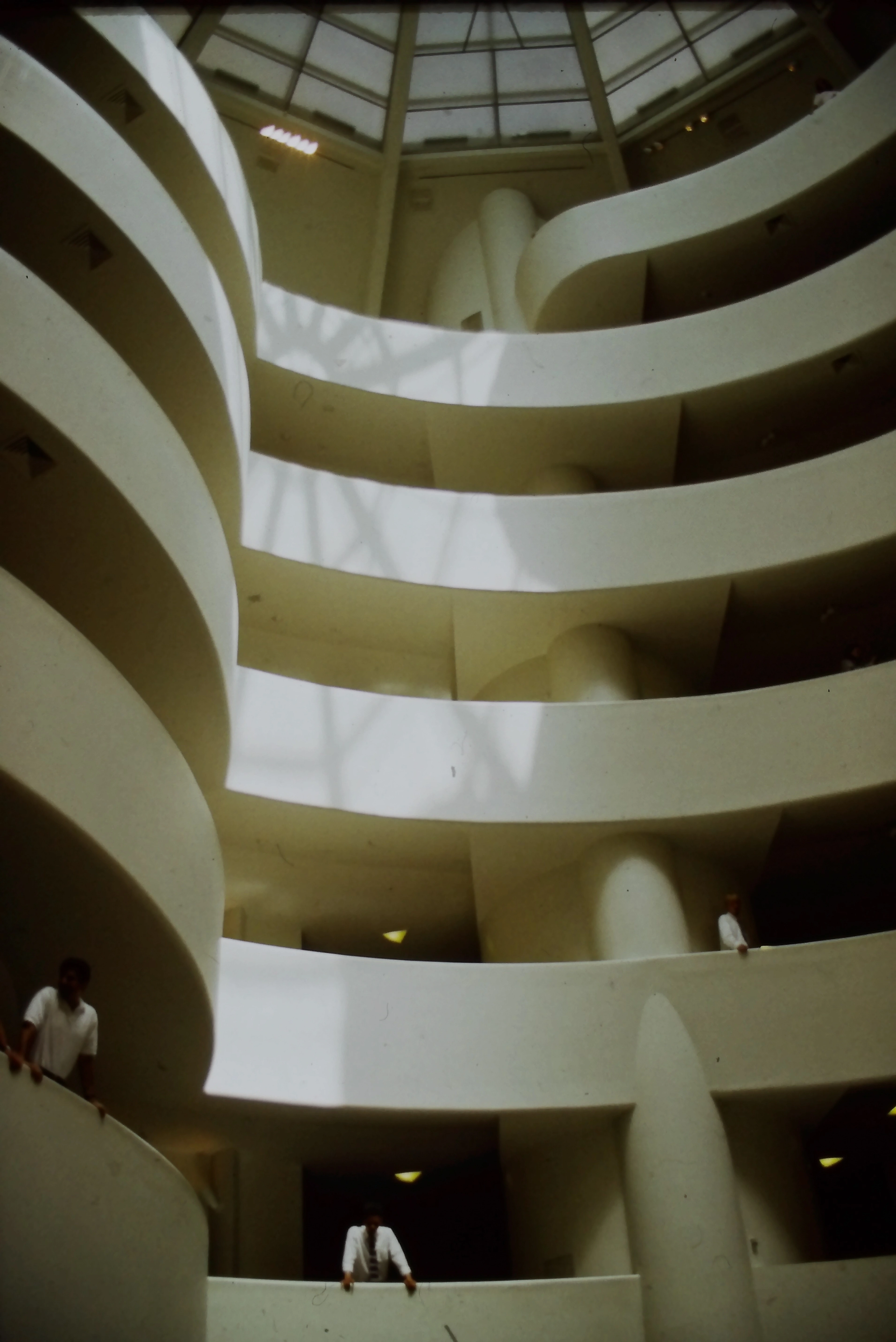 Interior view of the Solomon R. Guggenheim Museum in New York, designed by Frank Lloyd Wright, showcasing its iconic spiral ramp and atrium.
