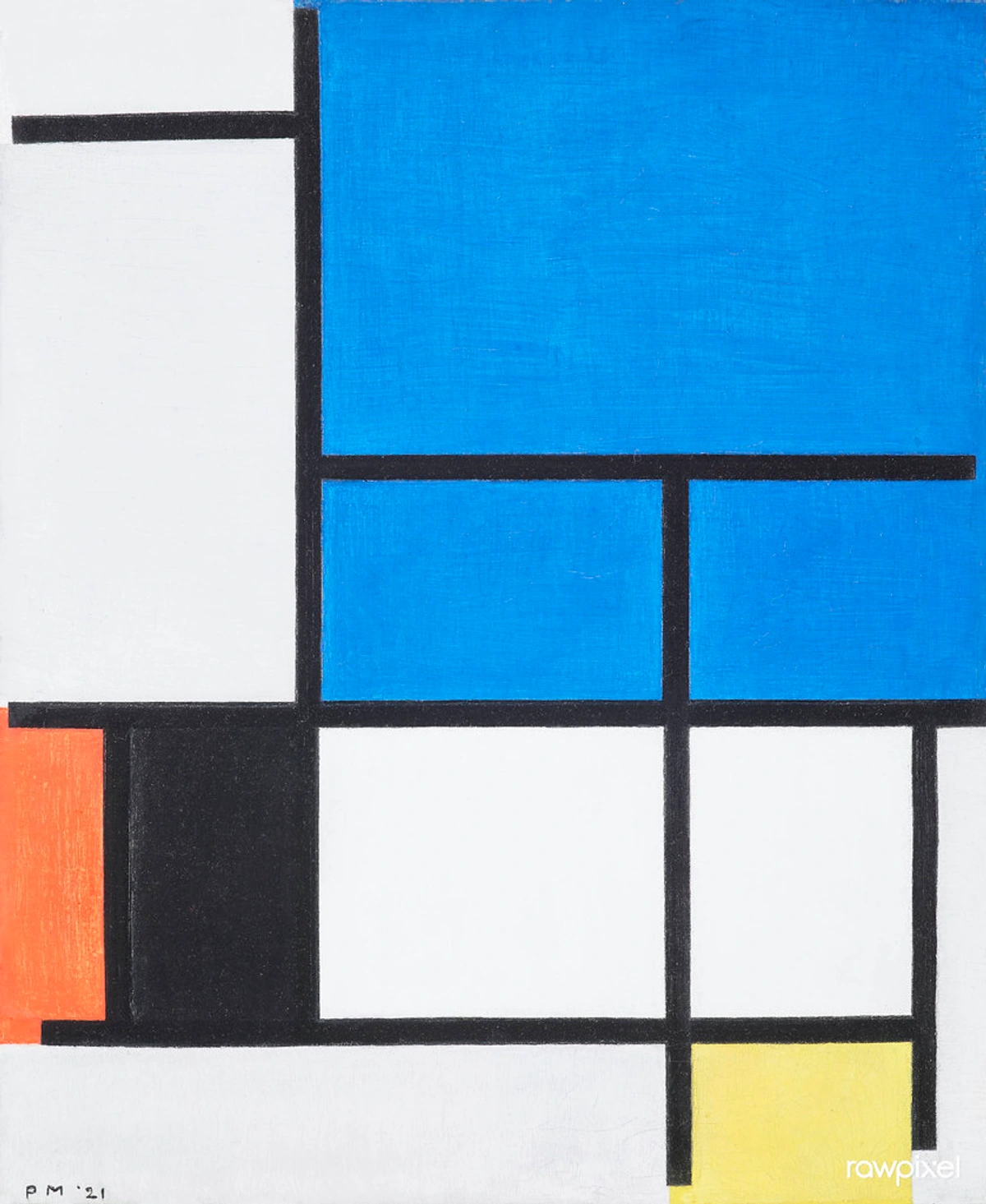 Composition with Large Blue Plane, Red, Black, Yellow, and Gerrit Rietveld Design-inspired Geometry in Abstract Modern Art