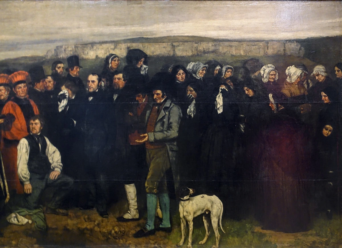 Gustave Courbet's painting A Burial at Ornans depicting a rural funeral procession in 1850s France, showcasing the artist's realist style