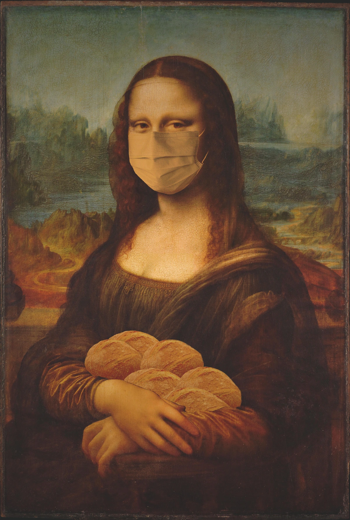 Mona Lisa wearing a face mask and holding a loaf of bread, a modern twist on the classic painting.