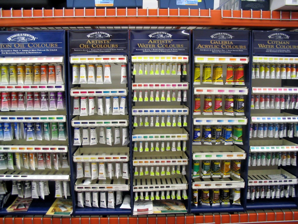 Display of Winsor & Newton Artists' Oil Colours tubes on shelves