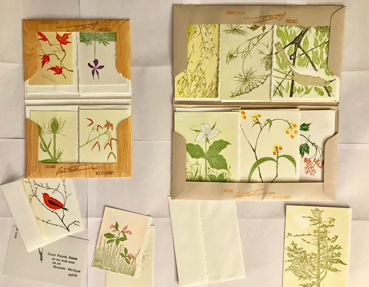 Gwen Frostic linoleumsnede wenskaarten met natuurscènes en vogels