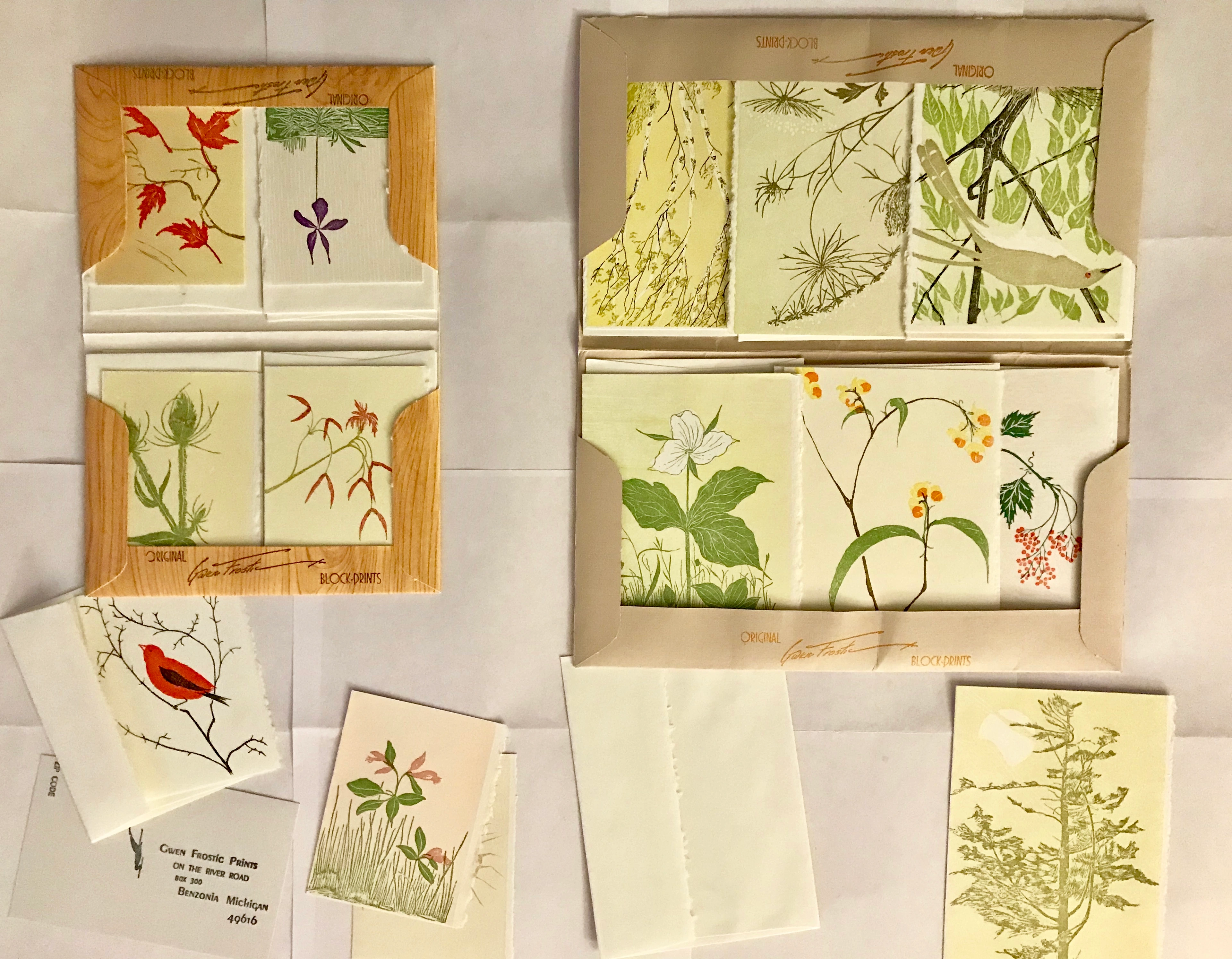 Gwen Frostic linoleumsnede wenskaarten met natuurscènes en vogels