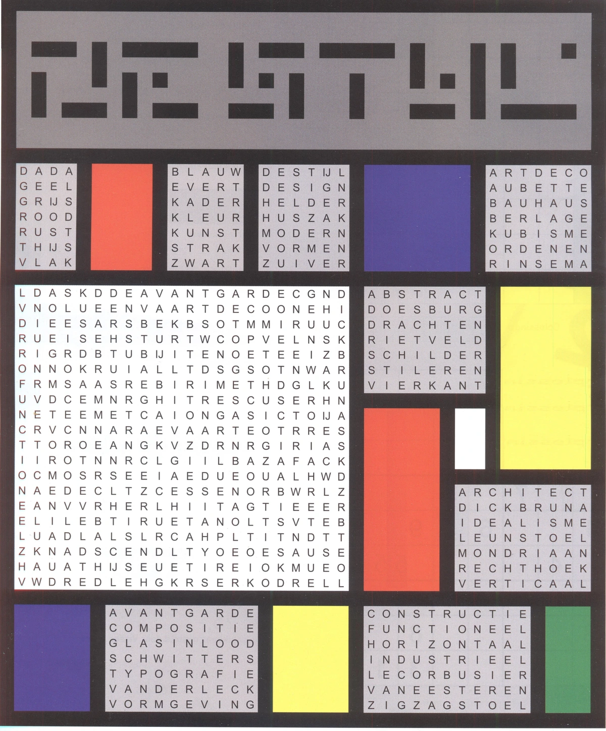 A word search puzzle with the theme De Stijl, featuring geometric shapes and words related to the art movement.