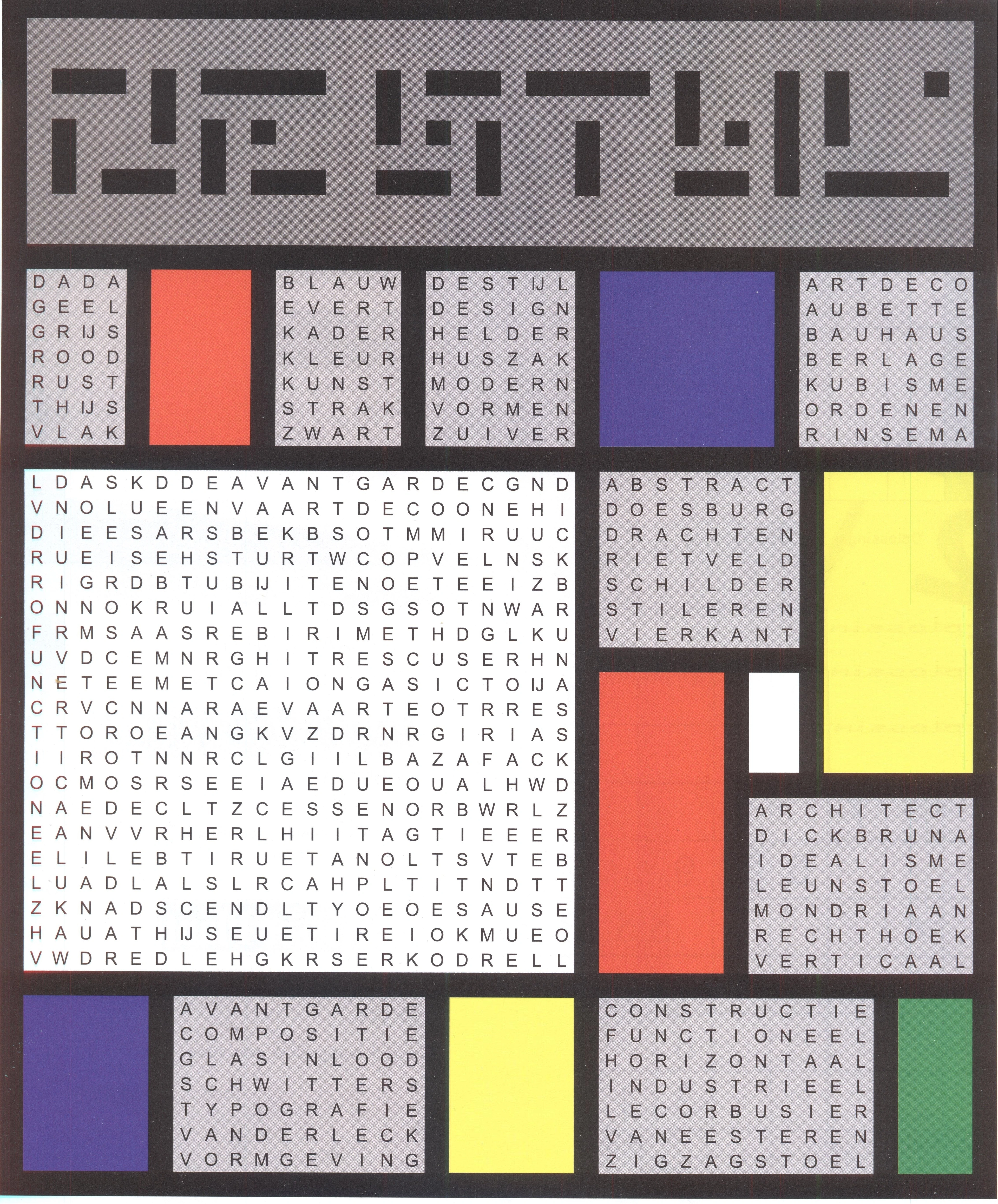 A word search puzzle with the theme De Stijl, featuring geometric shapes and words related to the art movement.