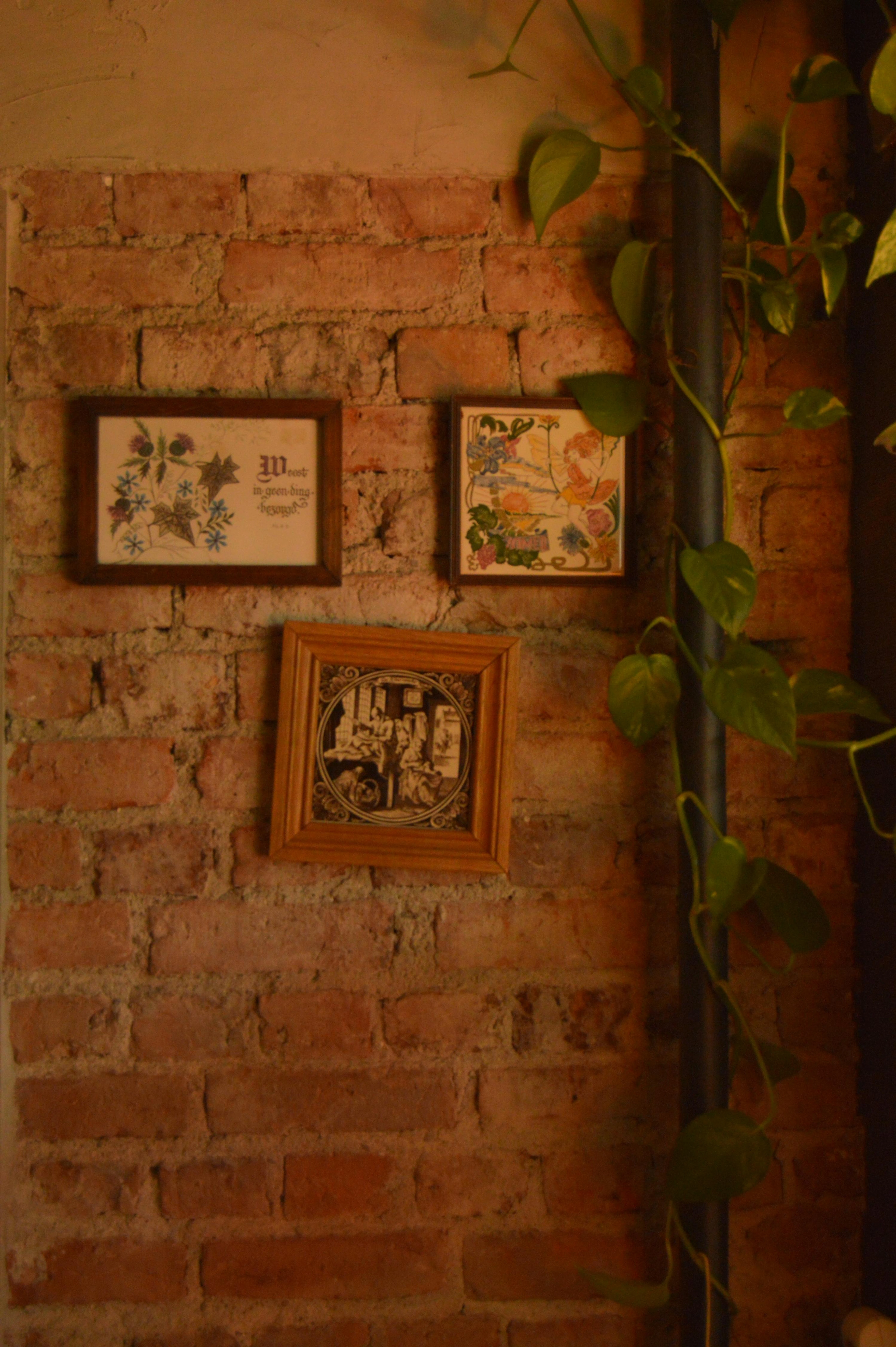Art Deco painting on a rustic brick wall, with a plant vine growing alongside.