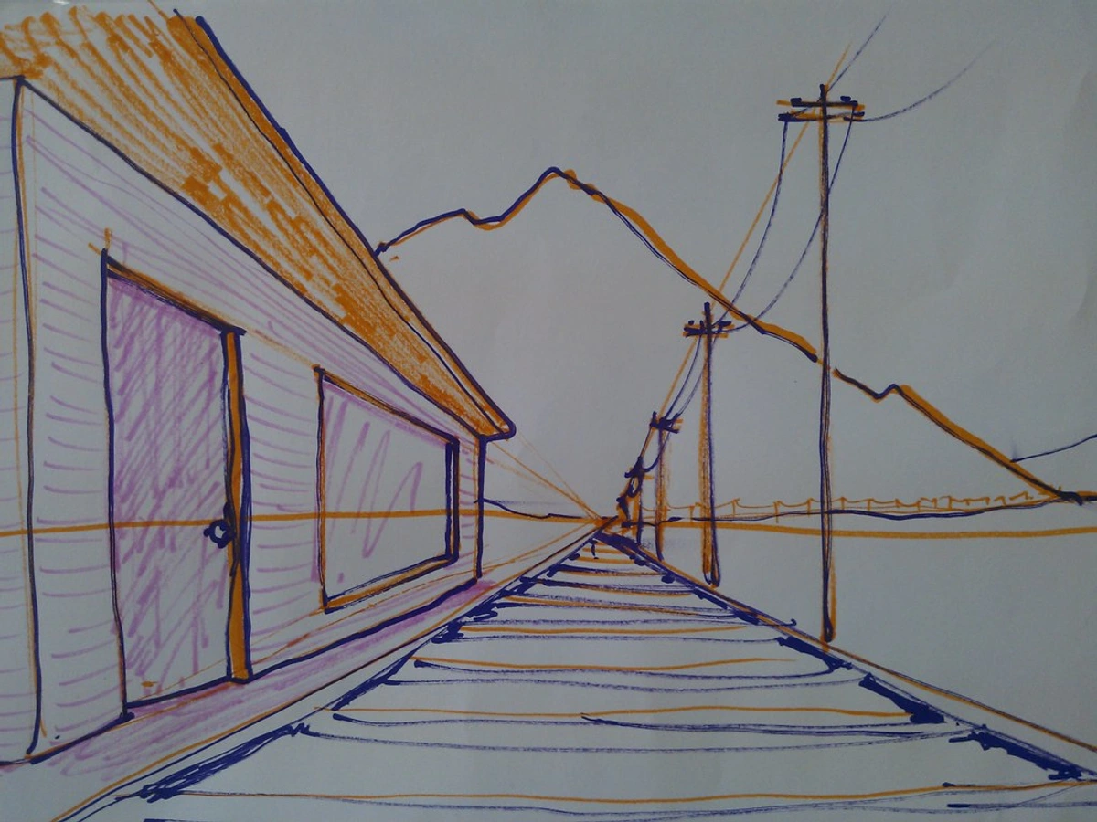 Quick perspective drawing example of a building and railroad tracks receding into the distance, with mountains and utility poles in the background.