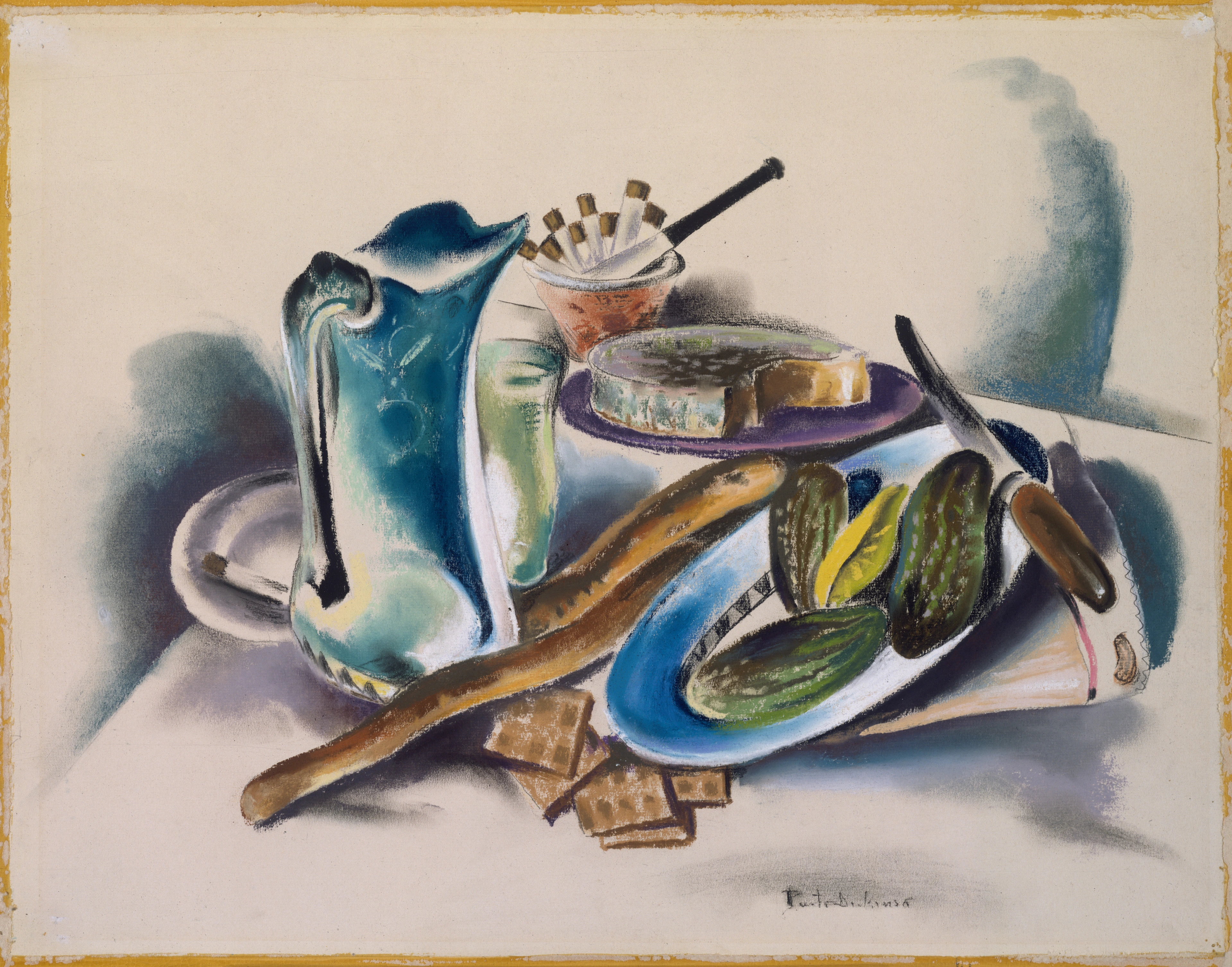 A still life painting featuring a blue pitcher, bread, pickles, cheese, and cigarettes, rendered in a bold, expressive style.