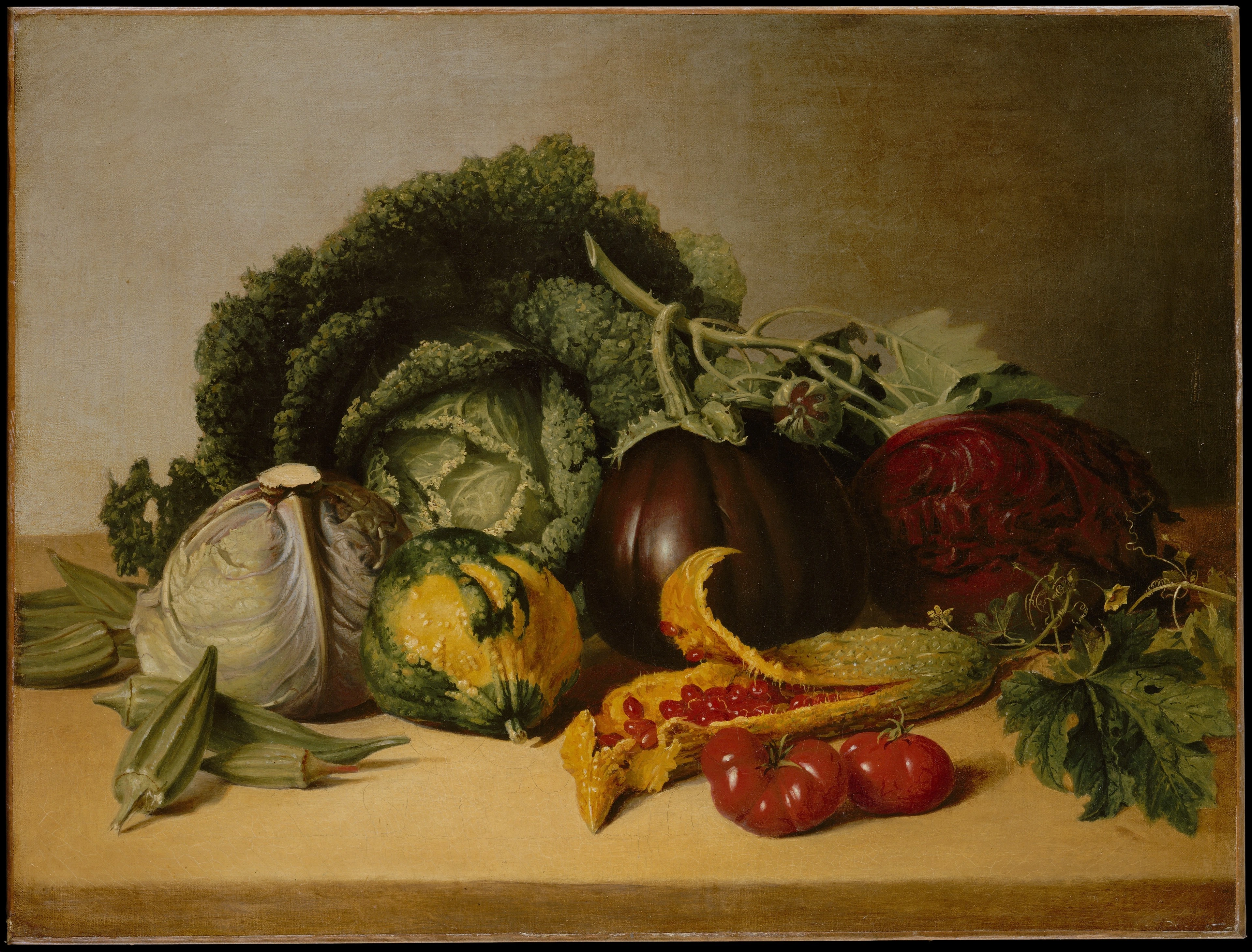 Still life painting of various vegetables including cabbage, eggplant, tomatoes, and okra, with a balsam apple in the foreground.