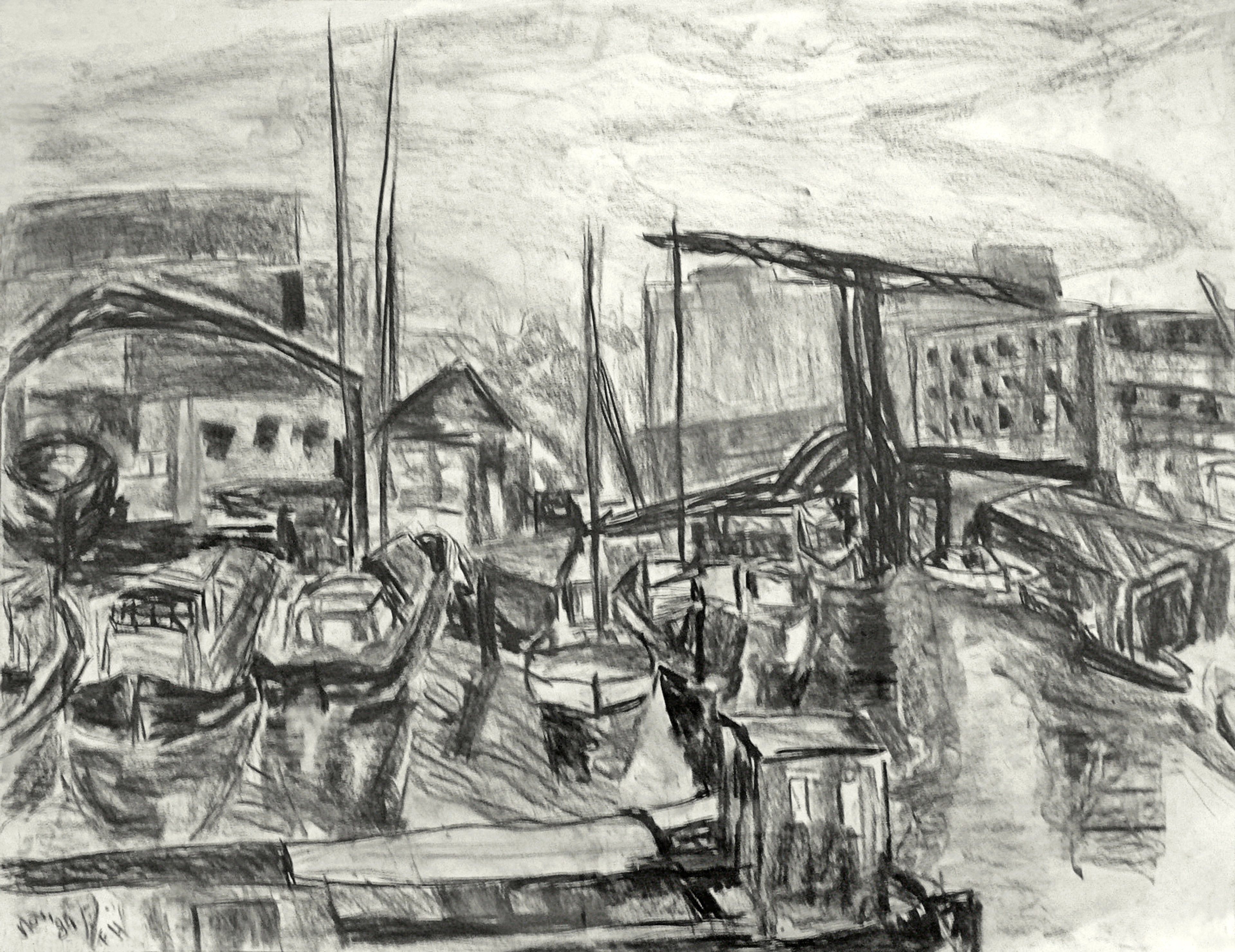 Charcoal drawing of old shipyard De Kromhout in Amsterdam by Fons Heijnsbroek, 1988, showcasing charcoal's power in art and the artist's expressive journey through observation.