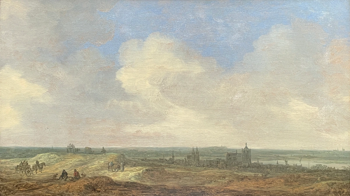 Jan van Goyen, View of Arnhem, 1645: A Dutch Golden Age landscape painting depicting the city of Arnhem from a distance, with figures and a horse-drawn cart in the foreground.