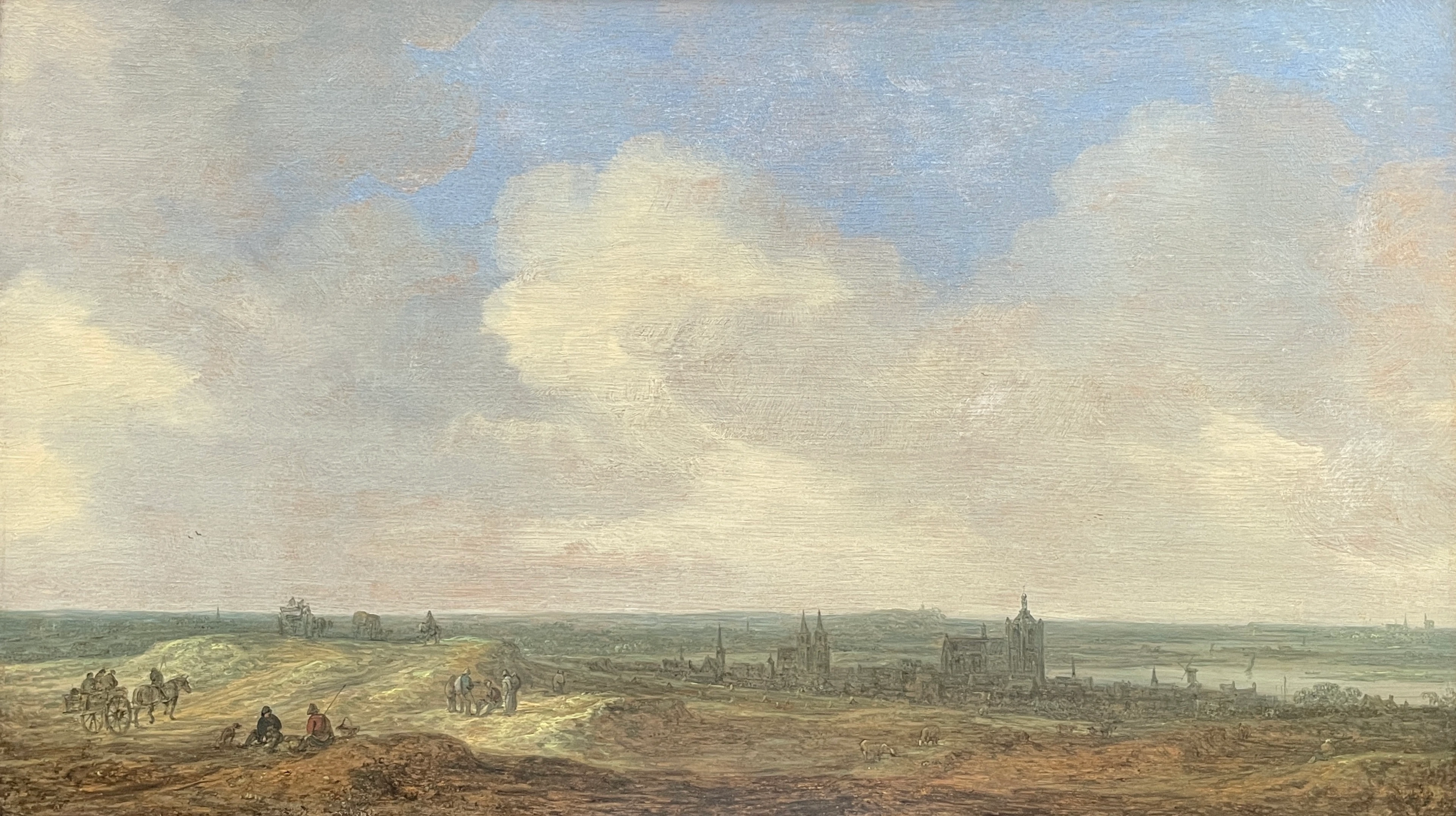 Jan van Goyen, View of Arnhem, 1645: A Dutch Golden Age landscape painting depicting the city of Arnhem from a distance, with figures and a horse-drawn cart in the foreground.