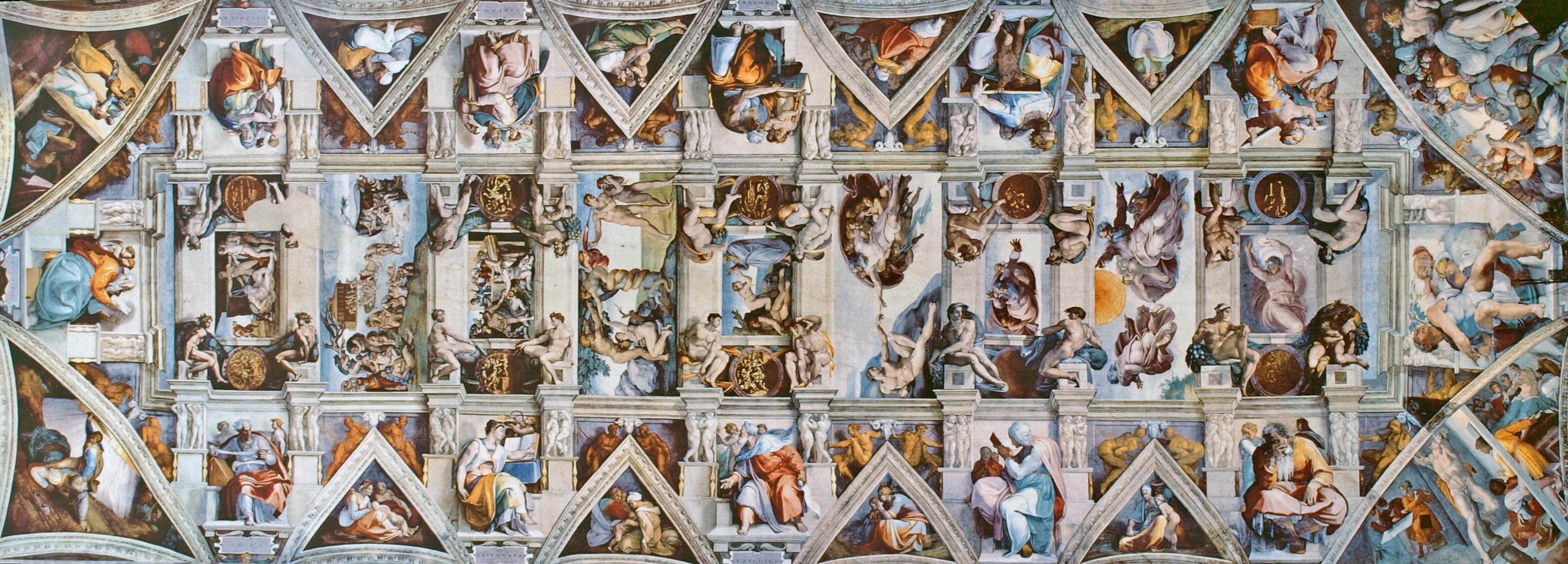 Michelangelo's Sistine Chapel ceiling frescoes depicting biblical scenes and figures in vibrant detail.