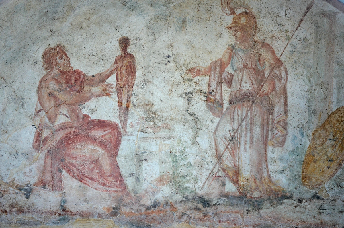 Roman fresco depicting Prometheus creating man, showcasing ancient fresco painting techniques.
