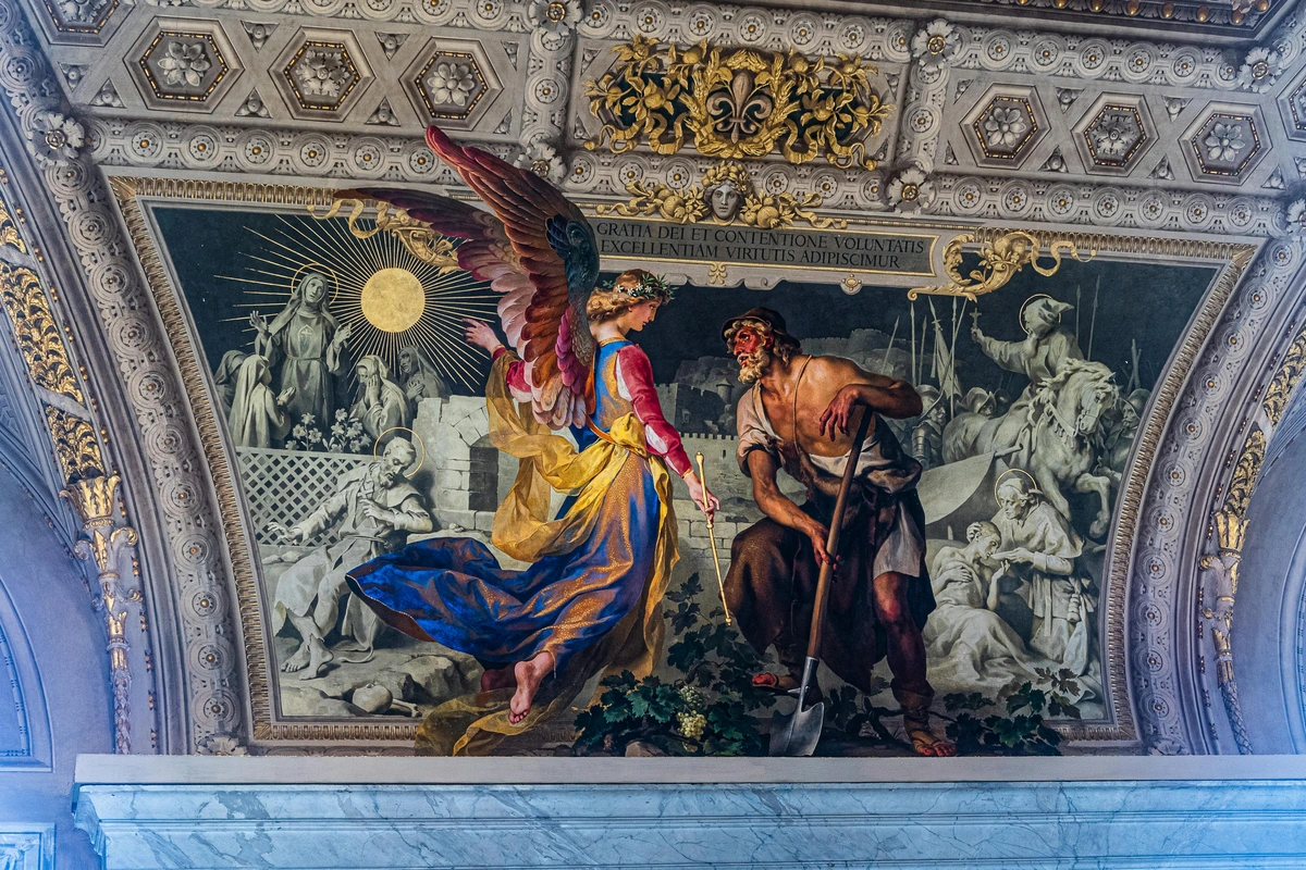 Vatican City ornate ceiling fresco showcasing an angelic figure bestowing blessings upon a man with a shovel, representing a historical scene.