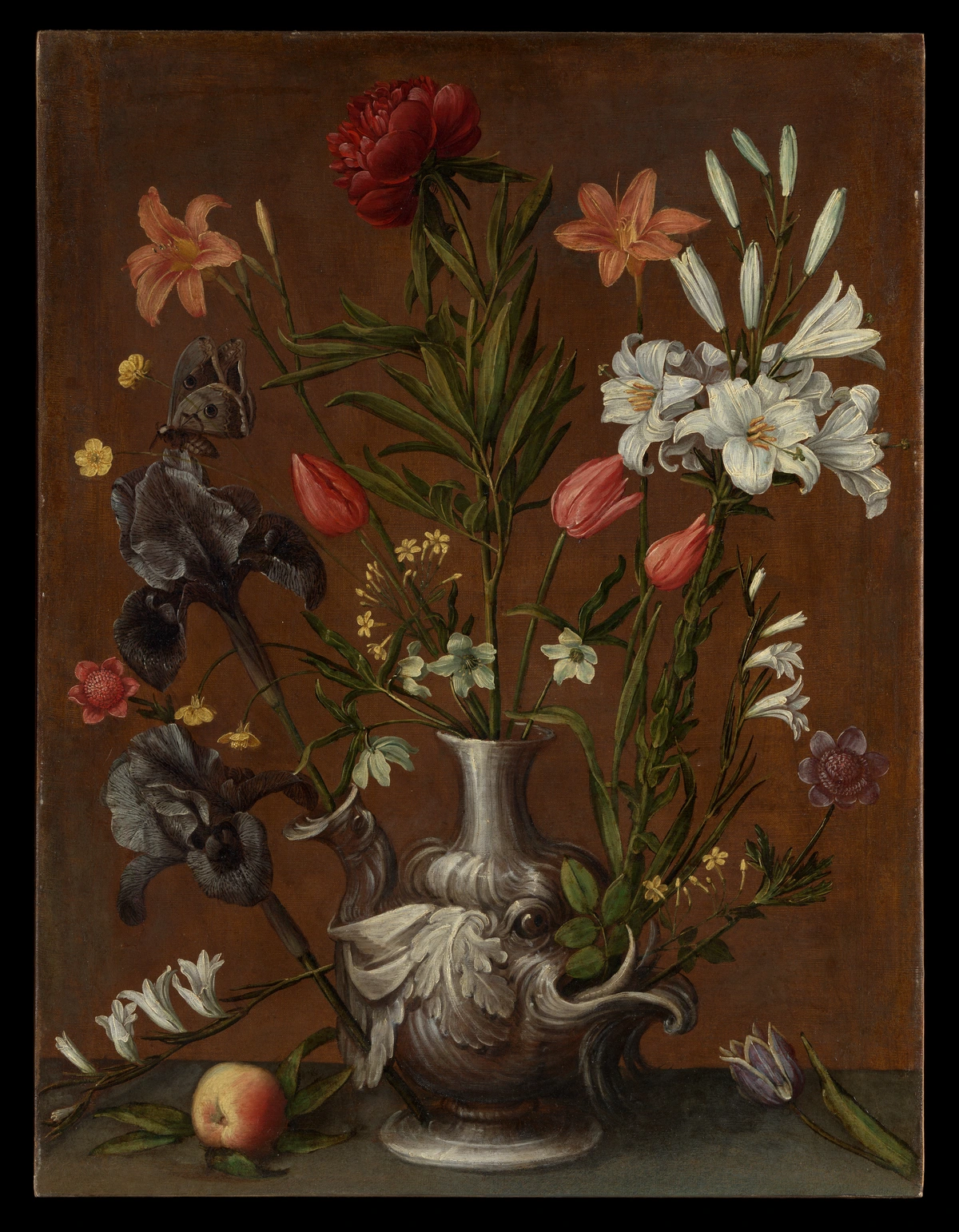 A still life painting featuring a bouquet of various flowers, including lilies, tulips, and irises, arranged in an ornate, grotesque-shaped vase, with an apple and a butterfly also present.