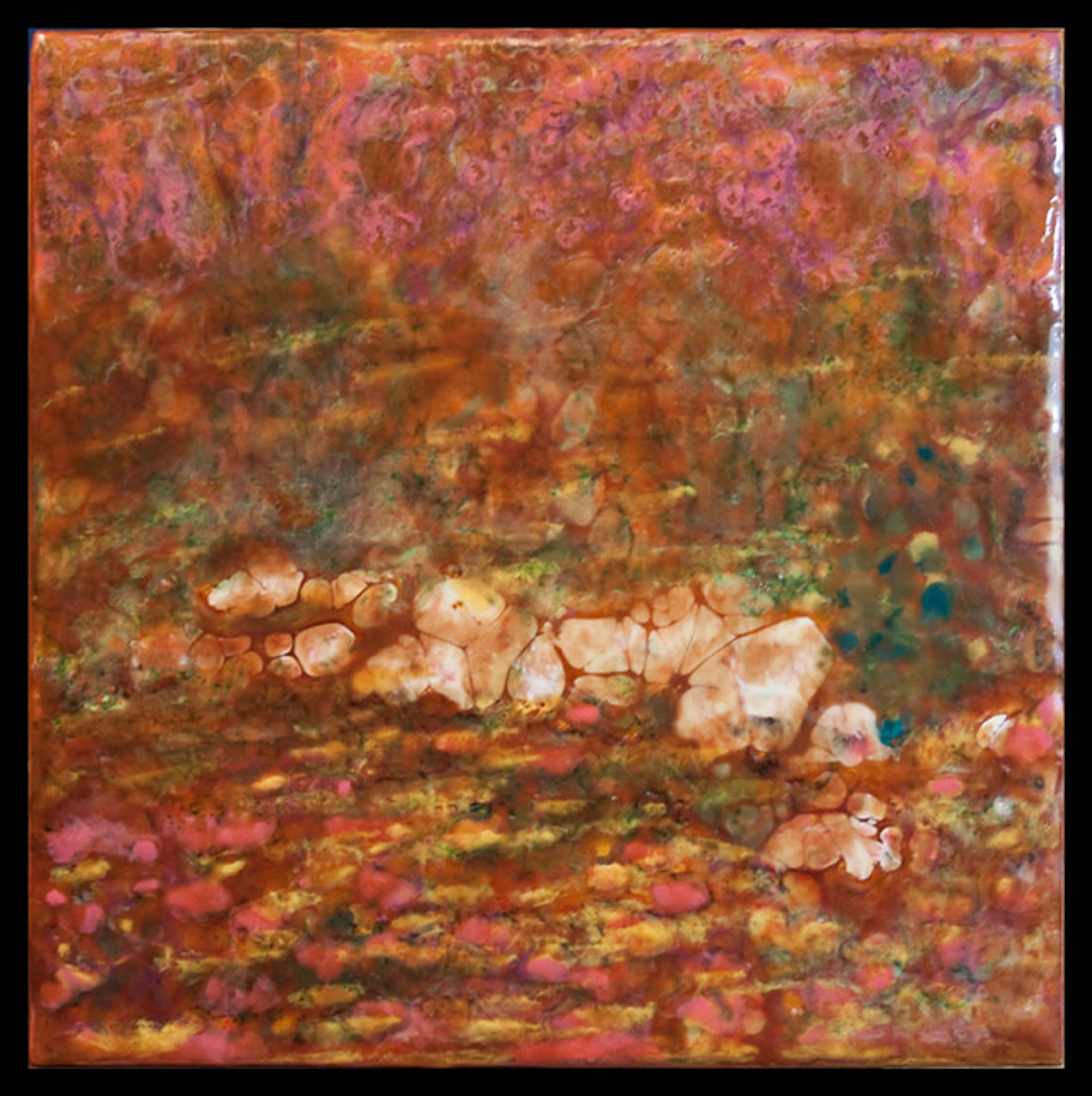 Garden Wall, a wax encaustic painting by Sharon Sperry Bloom, showcasing textured layers of earthy tones with pops of pink and green.