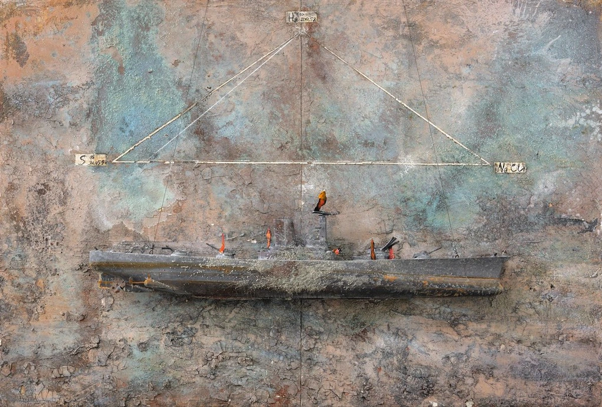Anselm Kiefer's mixed-media artwork 'Salt, Mercury, Sulfur' featuring a submarine model on a textured, weathered background with navigational lines and labels.