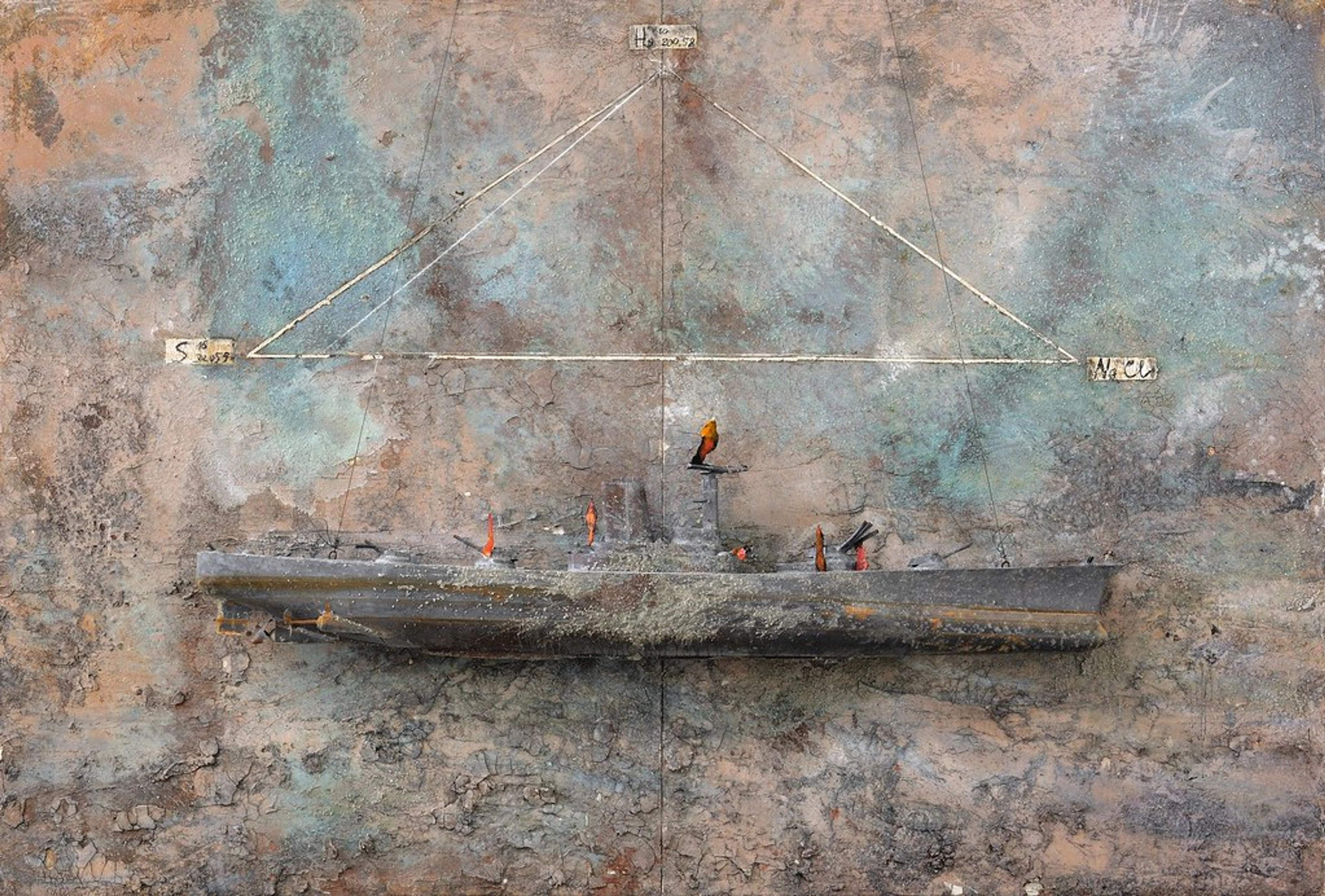 Anselm Kiefer's mixed-media artwork 'Salt, Mercury, Sulfur' featuring a submarine model on a textured, weathered background with navigational lines and labels.