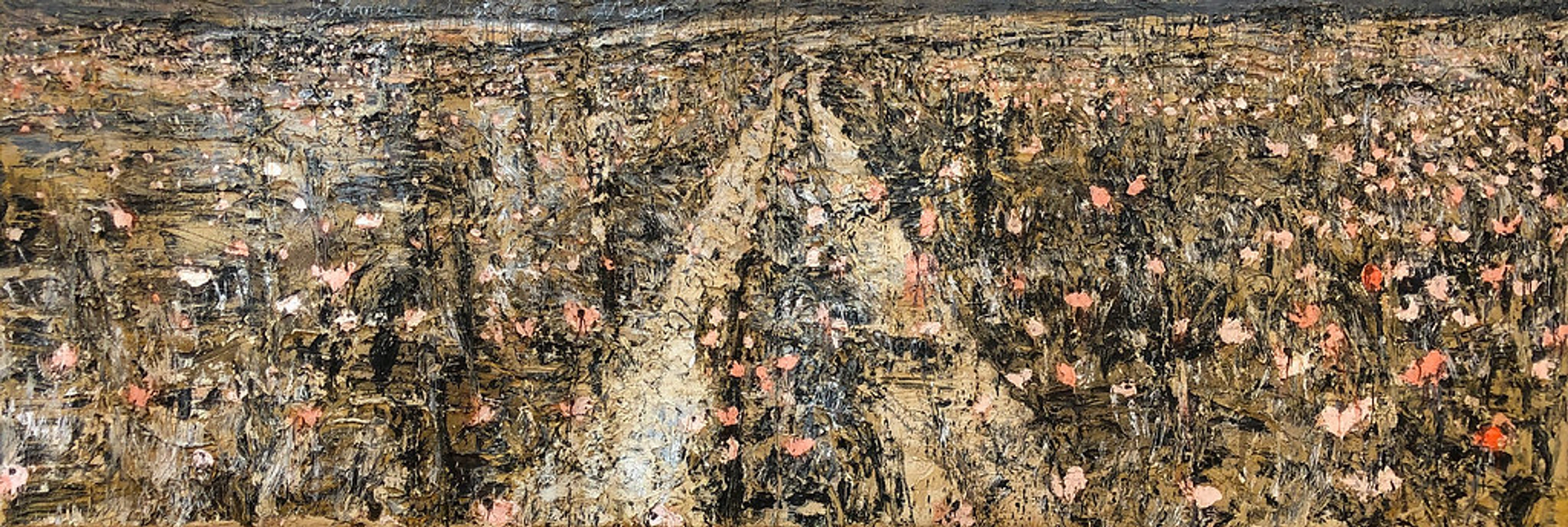 Anselm Kiefer's 'Böhmen liegt am Meer' (Bohemia Lies by the Sea), a textured abstract painting with dark tones, gold, and pink accents, evoking a desolate field.