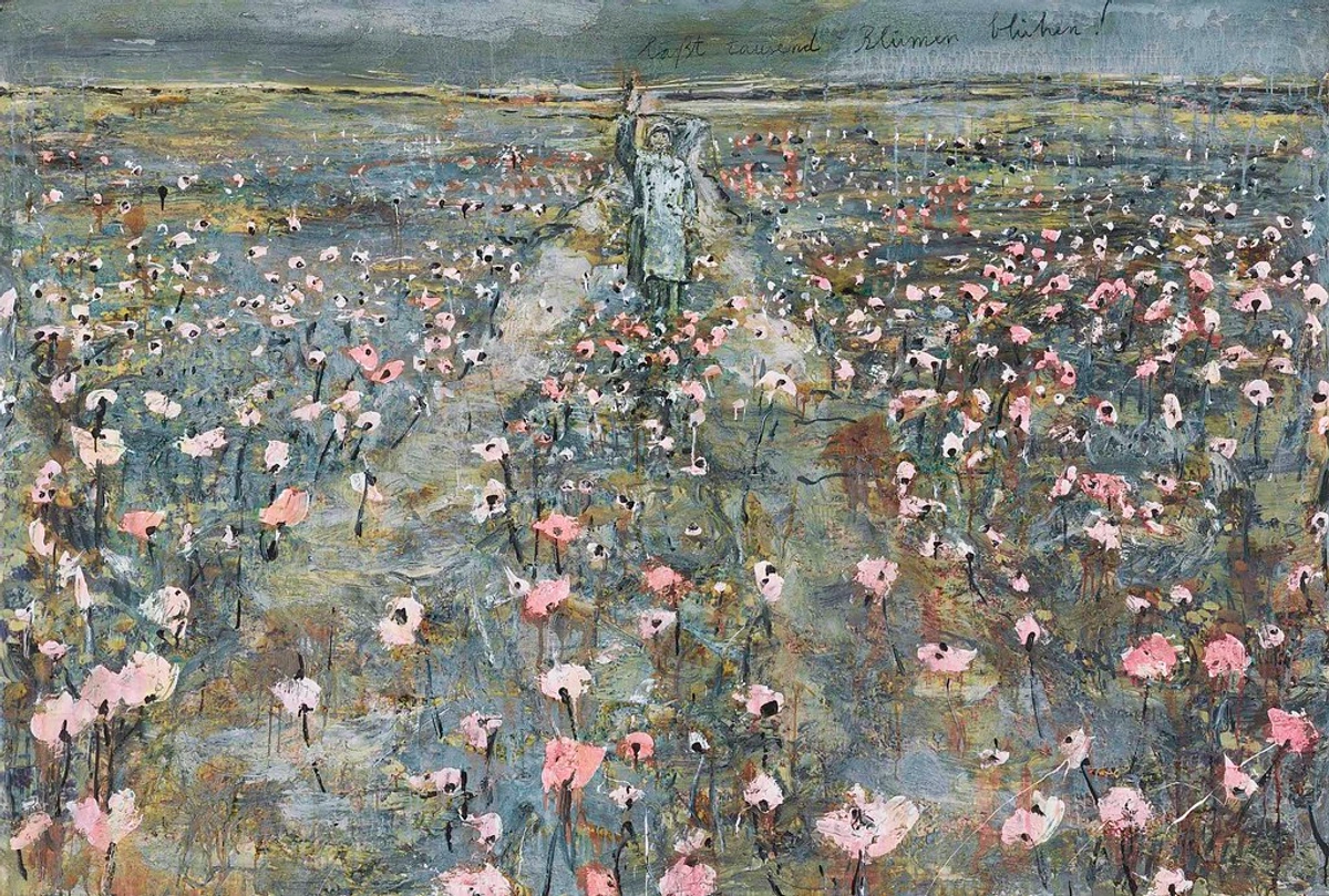 Anselm Kiefer's 'Let a Thousand Flowers Bloom' painting, depicting a textured field of pink and white flowers, a central figure, and German text.