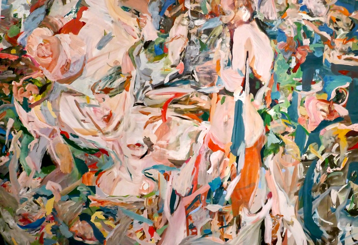 Abstract oil painting by Cecily Brown titled 'A Swan Comforting a Snake', featuring vibrant brushstrokes and intertwined forms in shades of pink, green, blue, and orange, suggesting figures and movement