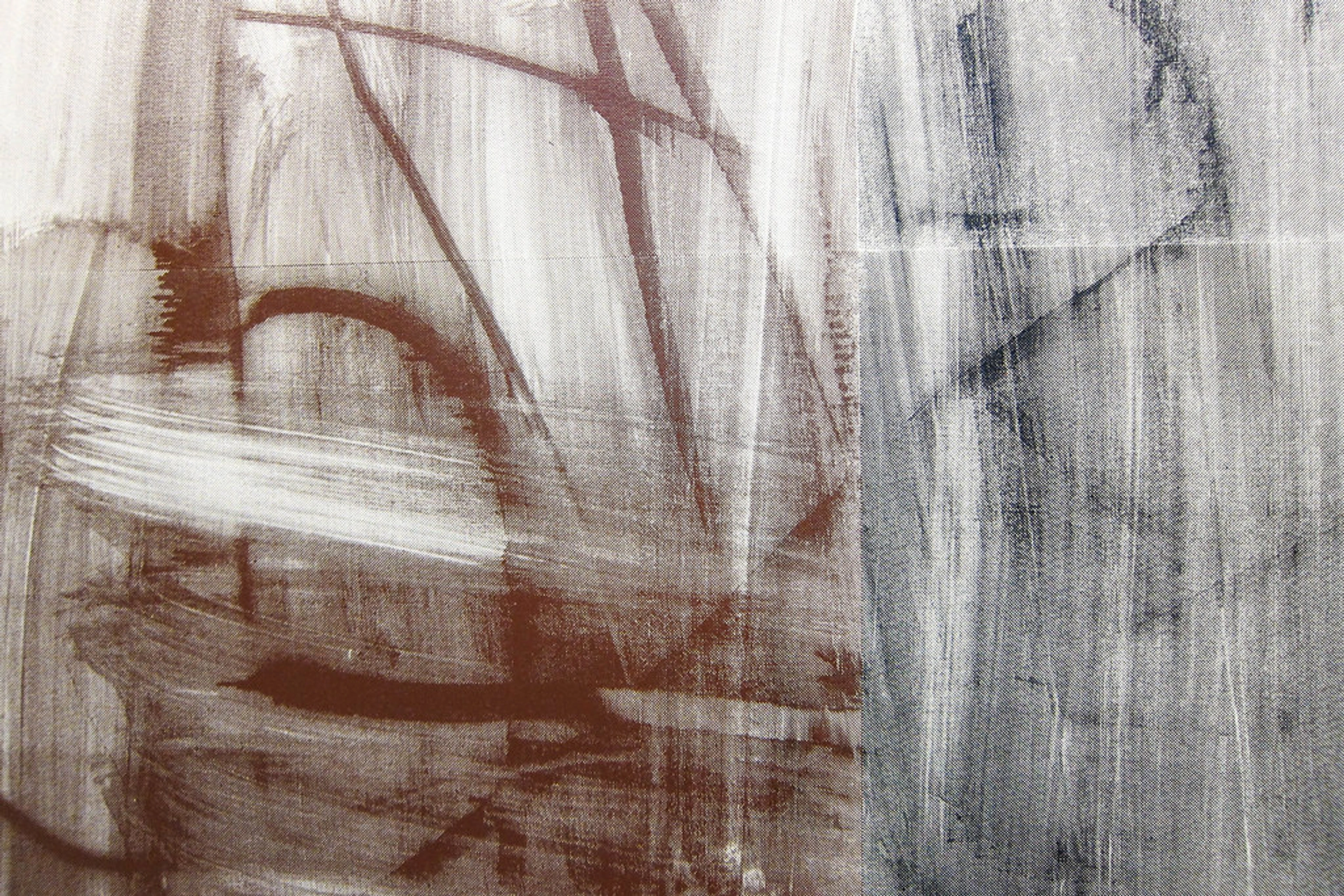 Detail of Christopher Wool's 2009 Untitled abstract painting, featuring bold brown and grey brushstrokes on a white background.