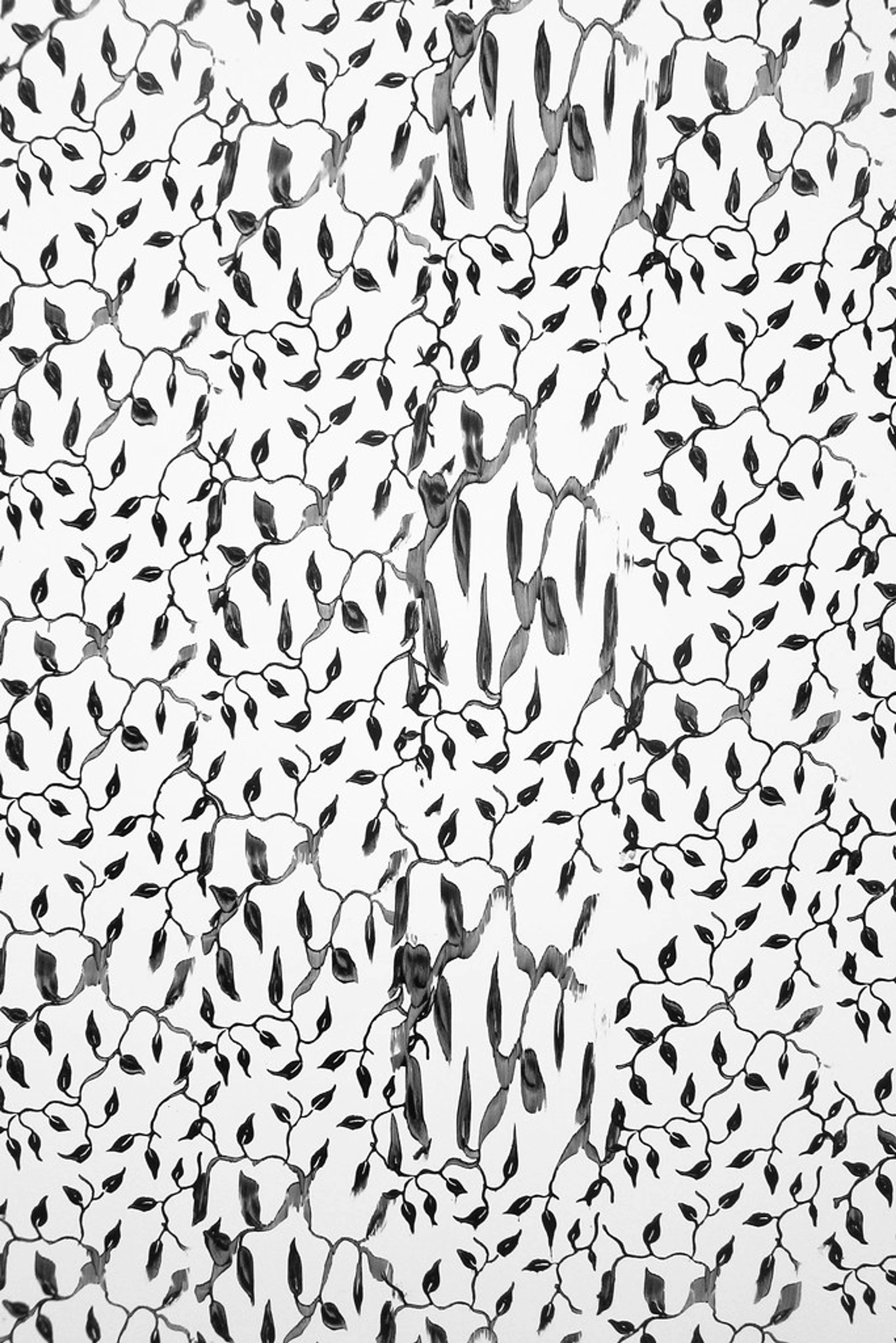 Abstract black and white painting detail by Christopher Wool, Untitled, 1987, showing organic vine patterns and bold vertical brushstrokes.