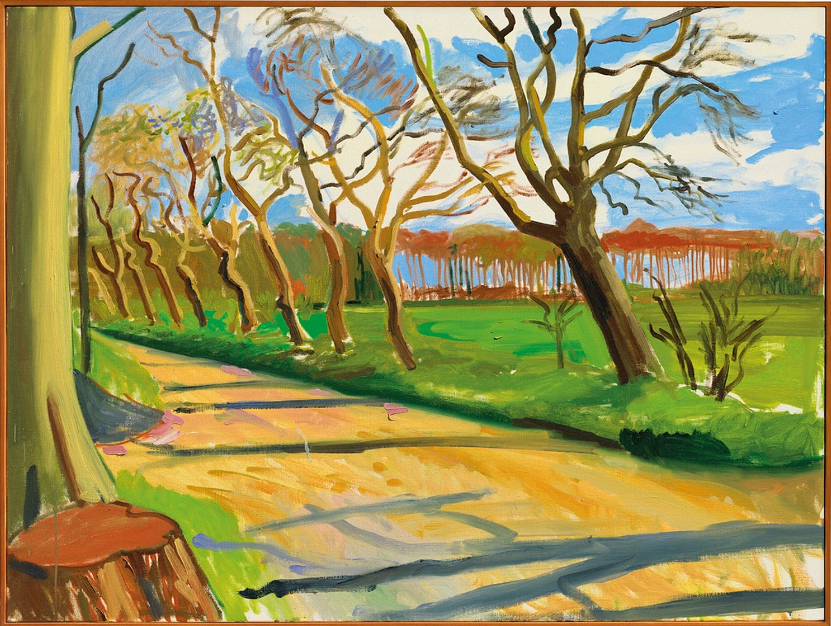 A vibrant landscape painting by David Hockney featuring a winding path through a grove of walnut trees with bare branches, green grass, and a bright blue sky.