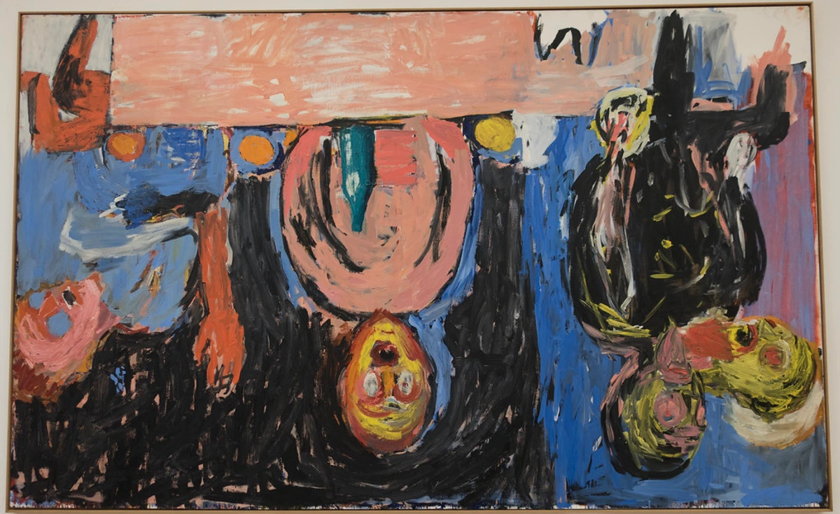 Abstract expressionist painting by Georg Baselitz featuring inverted figures in pink, blue, black, and yellow.