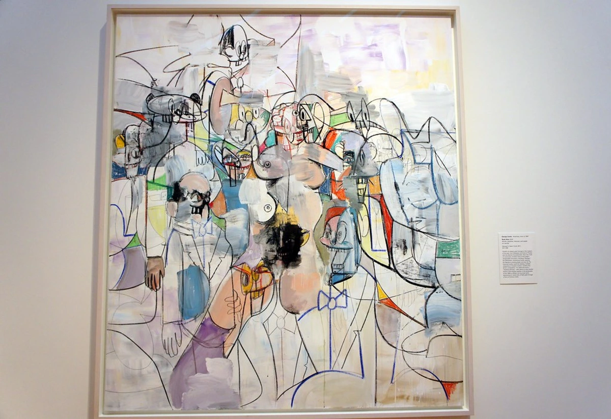Abstract painting 'Rush Hour' by George Condo, featuring multiple distorted figures in a cubist-like style with bold outlines and colorful washes, displayed in a museum.