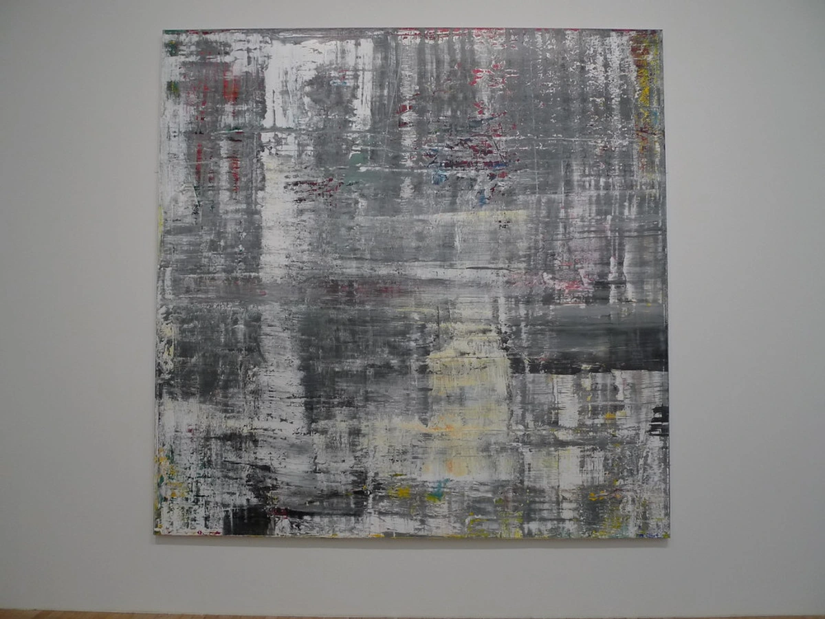 Abstract painting 'Cage' by Gerhard Richter, featuring grey, white, and subtle colors, displayed at Tate Modern.