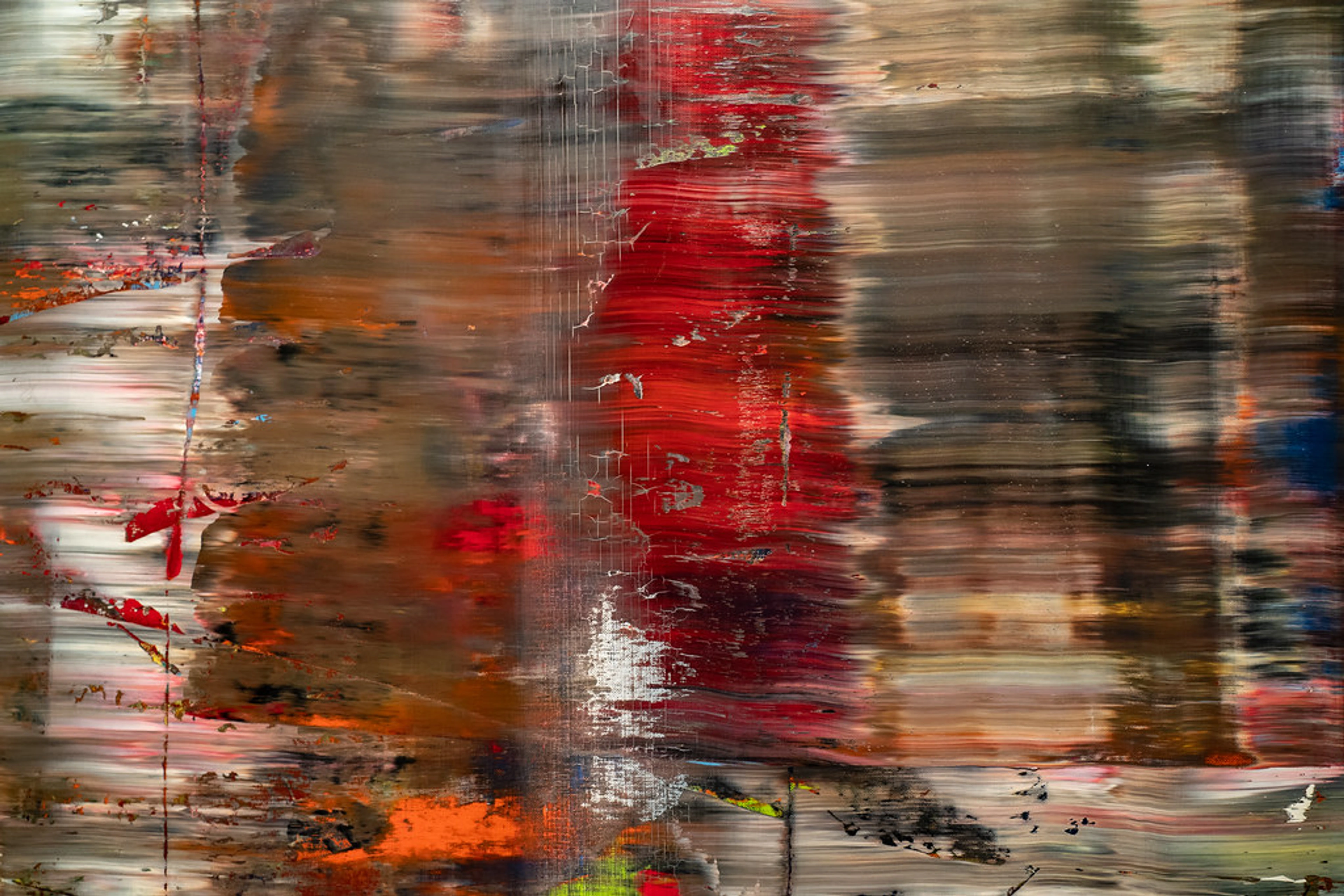 Close-up of Gerhard Richter's Abstract Painting (726), showing vibrant red, brown, and white horizontal streaks with a textured, scraped effect, embodying intuitive layering and textural composition.