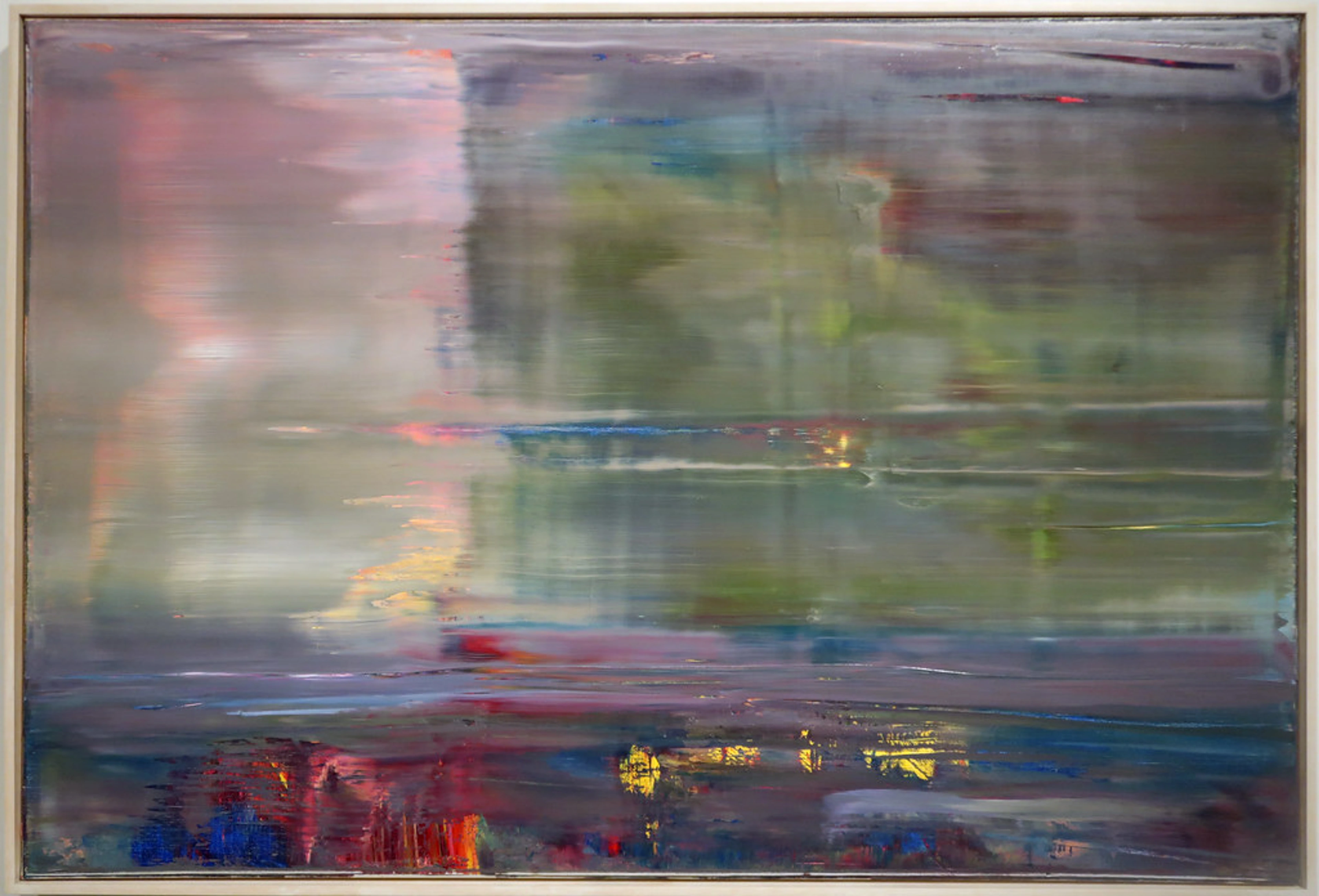 Abstract oil painting by Gerhard Richter, featuring horizontal streaks of muted greens, blues, and grays with vibrant accents.