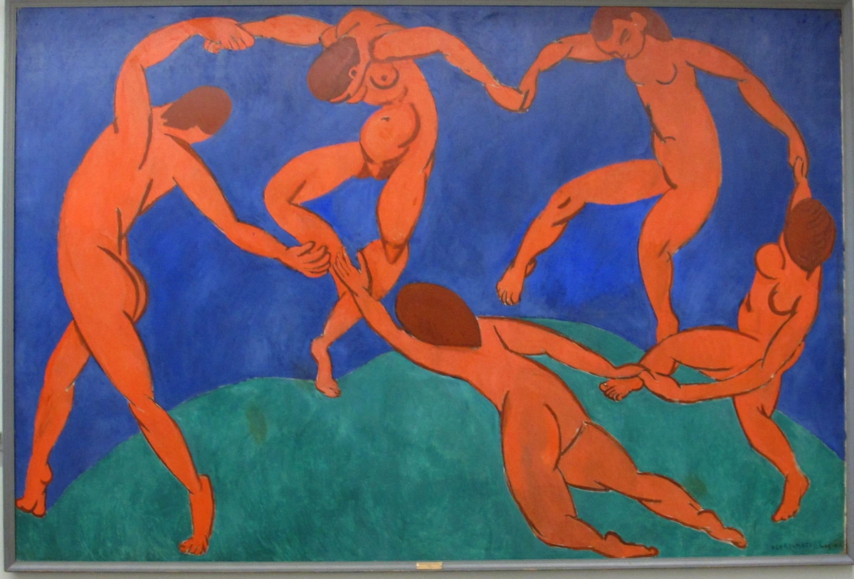 Henri Matisse's La Danse, a vibrant Fauvist painting depicting five nude figures dancing in a circle against a blue sky and green hill.