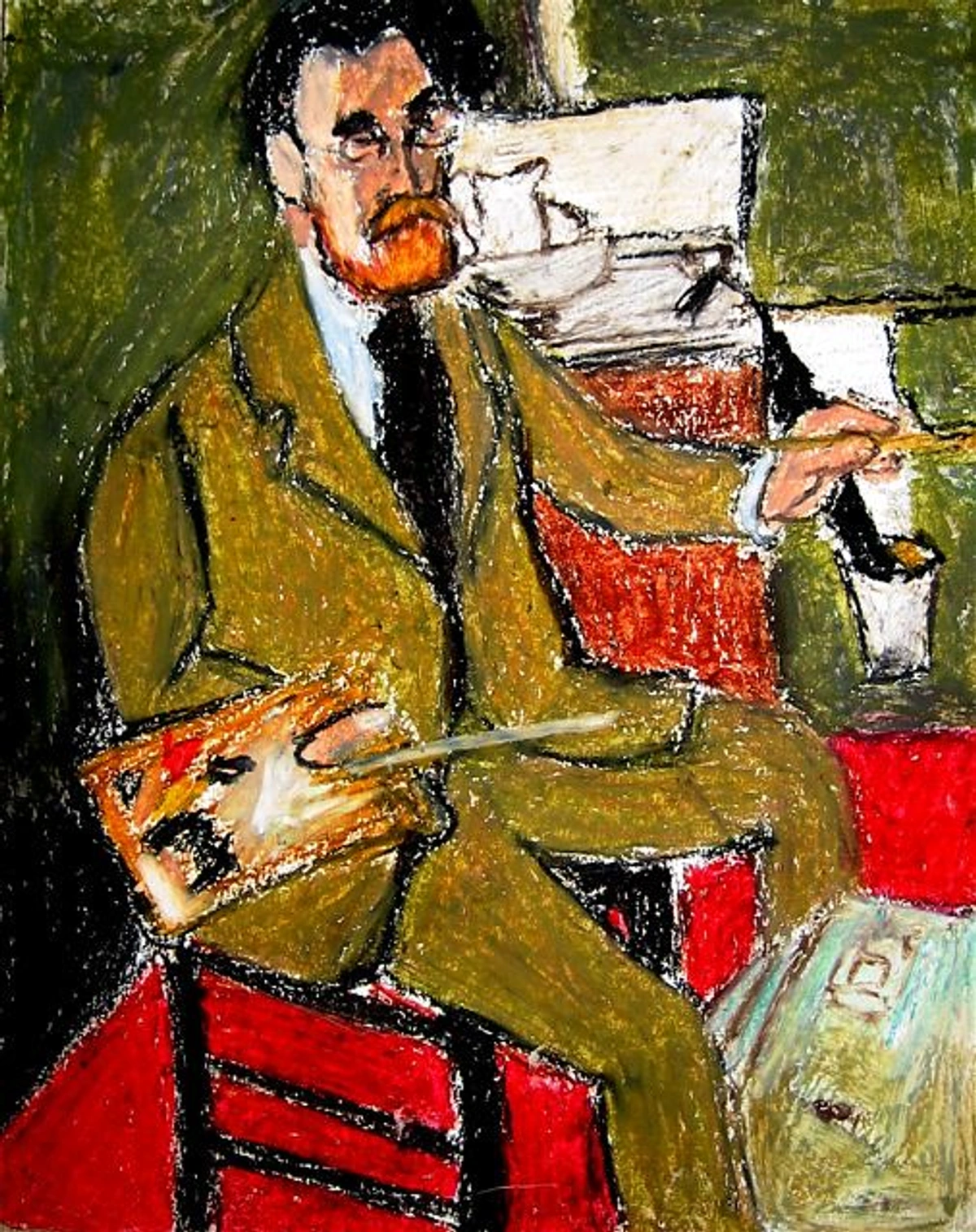 Expressive pastel drawing of famous artist Henri Matisse's 1918 self-portrait, depicting him with a beard, glasses, holding a painter's palette and brush.