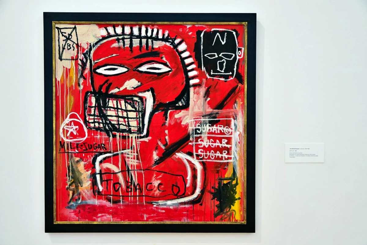 Untitled painting by Jean-Michel Basquiat, featuring a red background, an expressive figure, and text including 'SUGAR', 'TOBACCO', and 'MILK'.