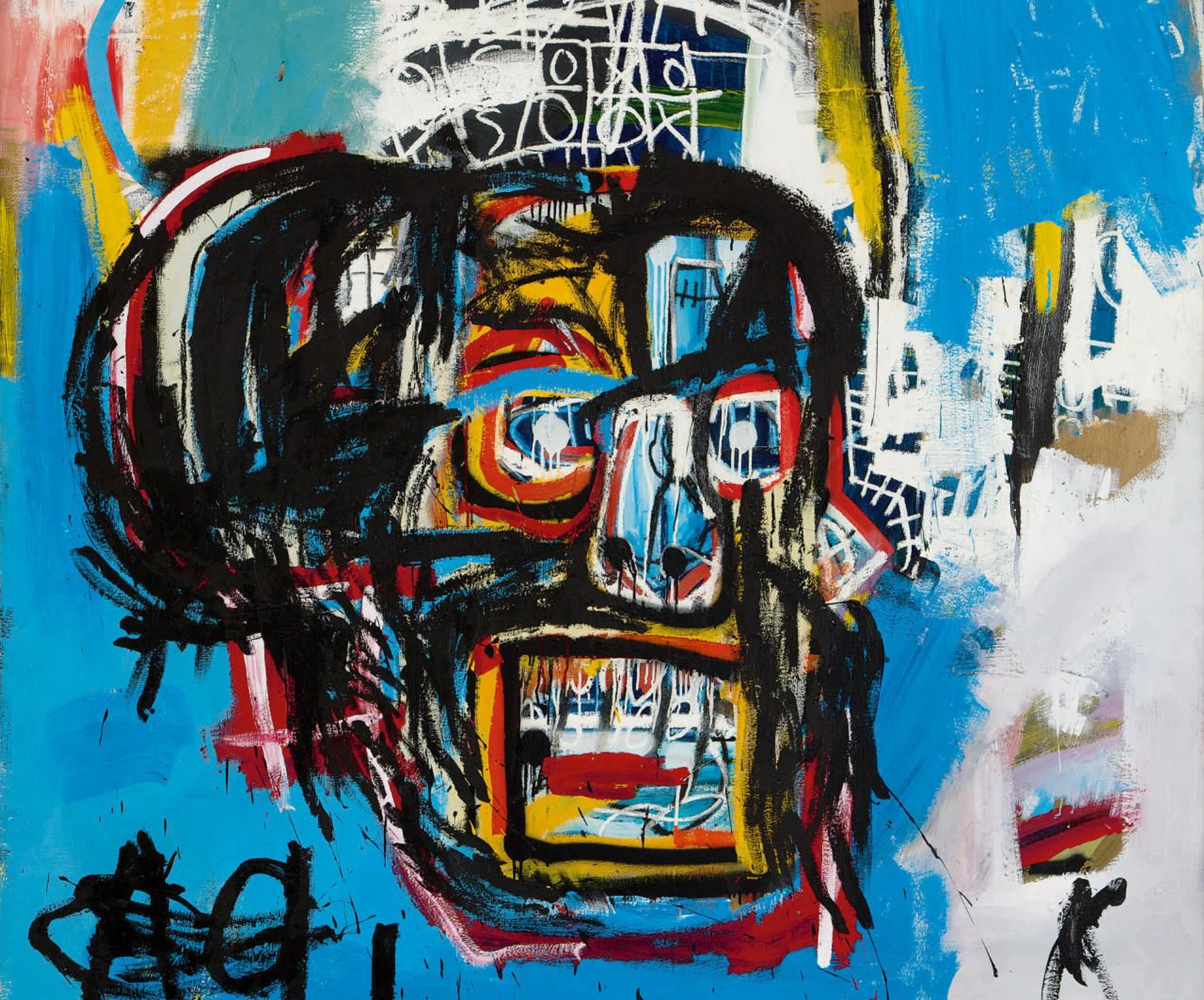 Jean-Michel Basquiat's vibrant neo-expressionist painting of a colorful skull or head, featuring bold black lines and bright colors on a blue background.