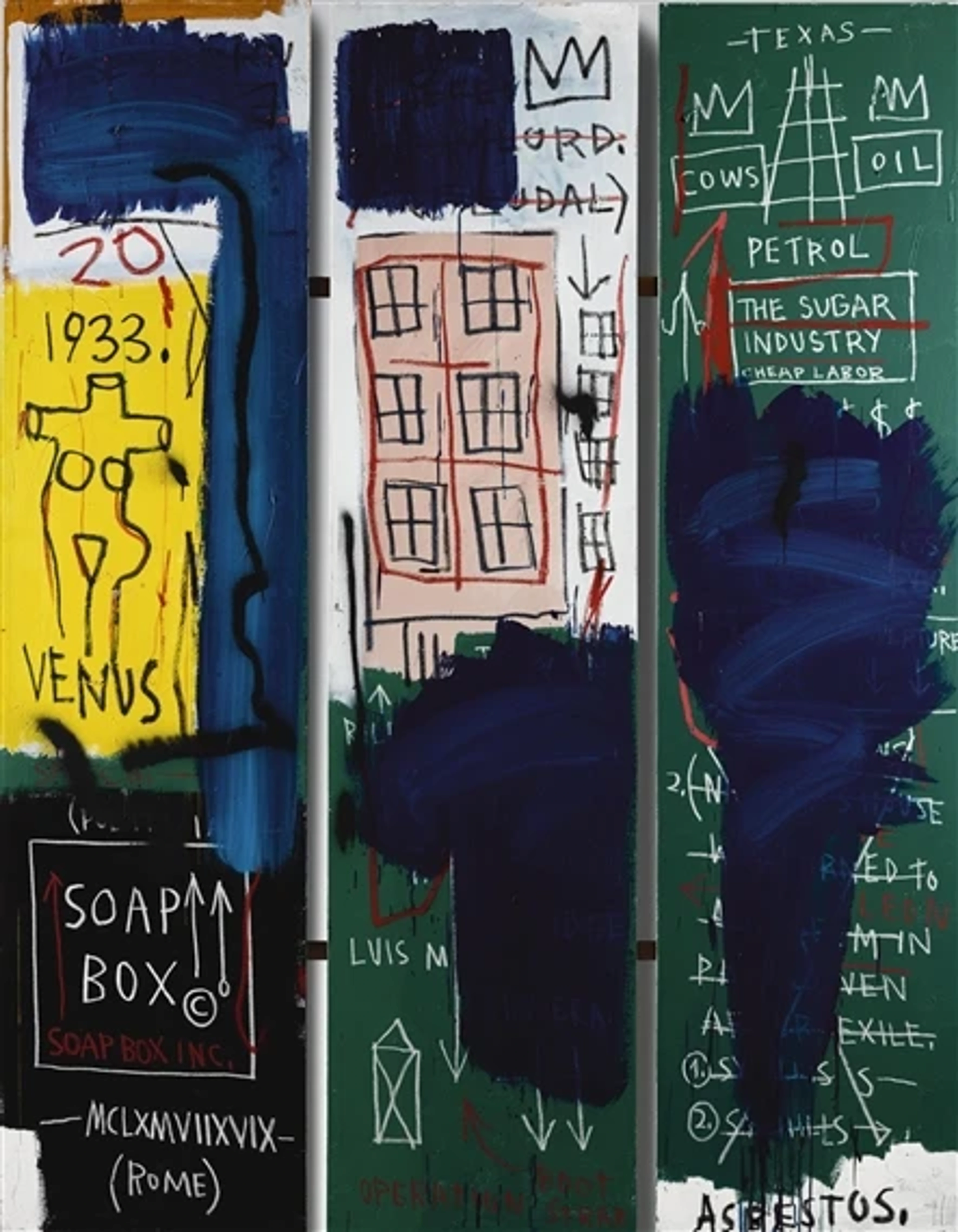 Jean-Michel Basquiat's Untitled triptych, a vibrant abstract painting with figures, text, and symbols on yellow, blue, pink, and green panels.