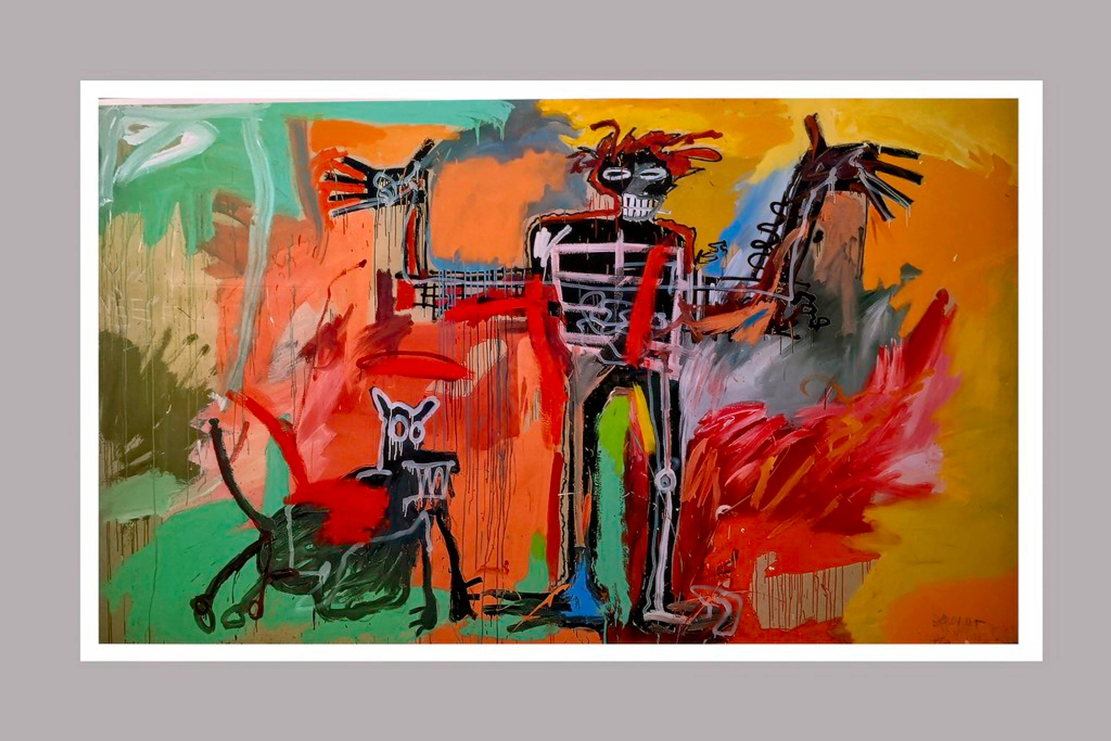 Jean-Michel Basquiat abstract painting featuring a skeletal figure, a dog, and vibrant colors. Modern art.